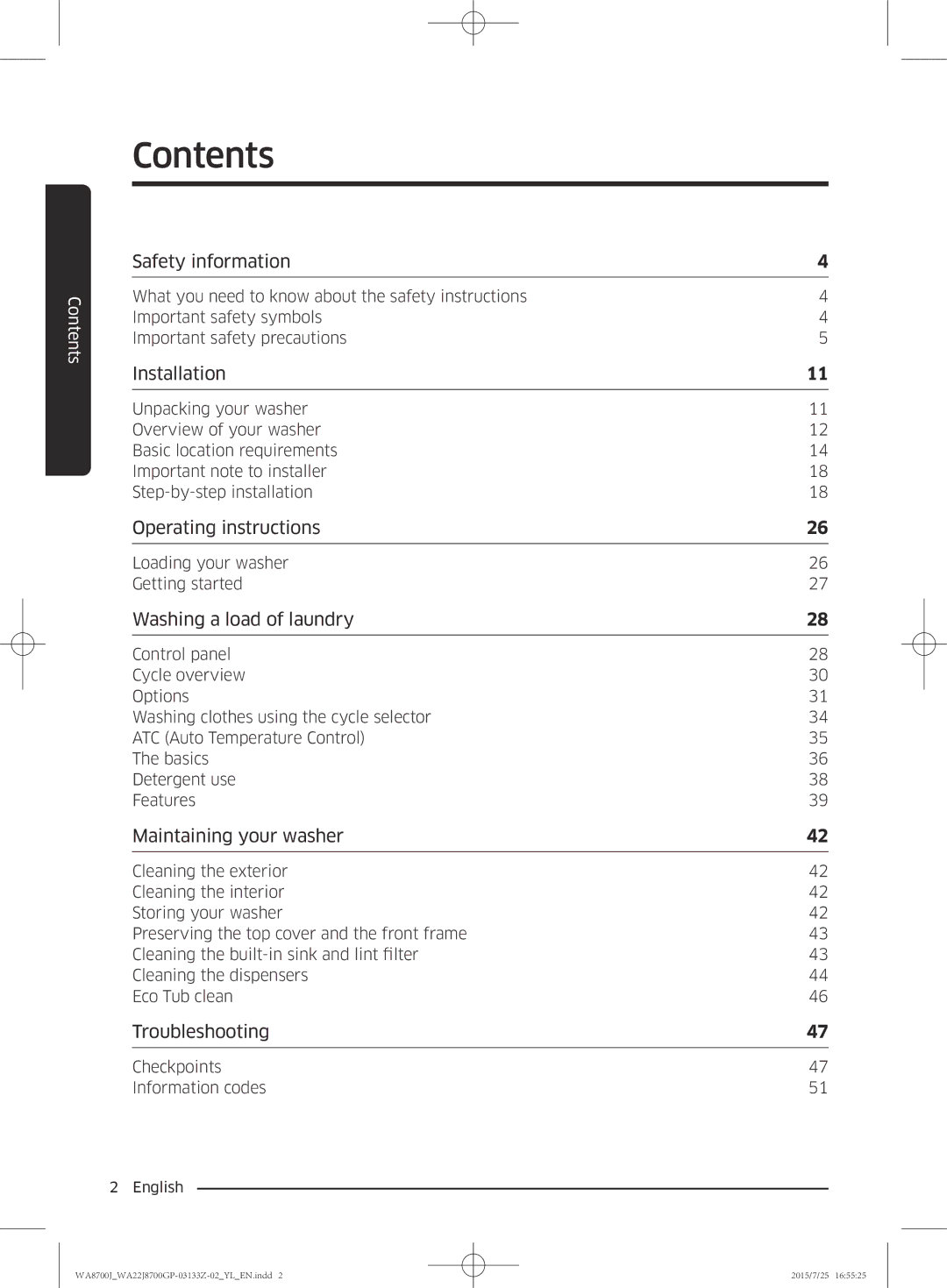 Samsung WA22J8700GP/YL manual Contents 