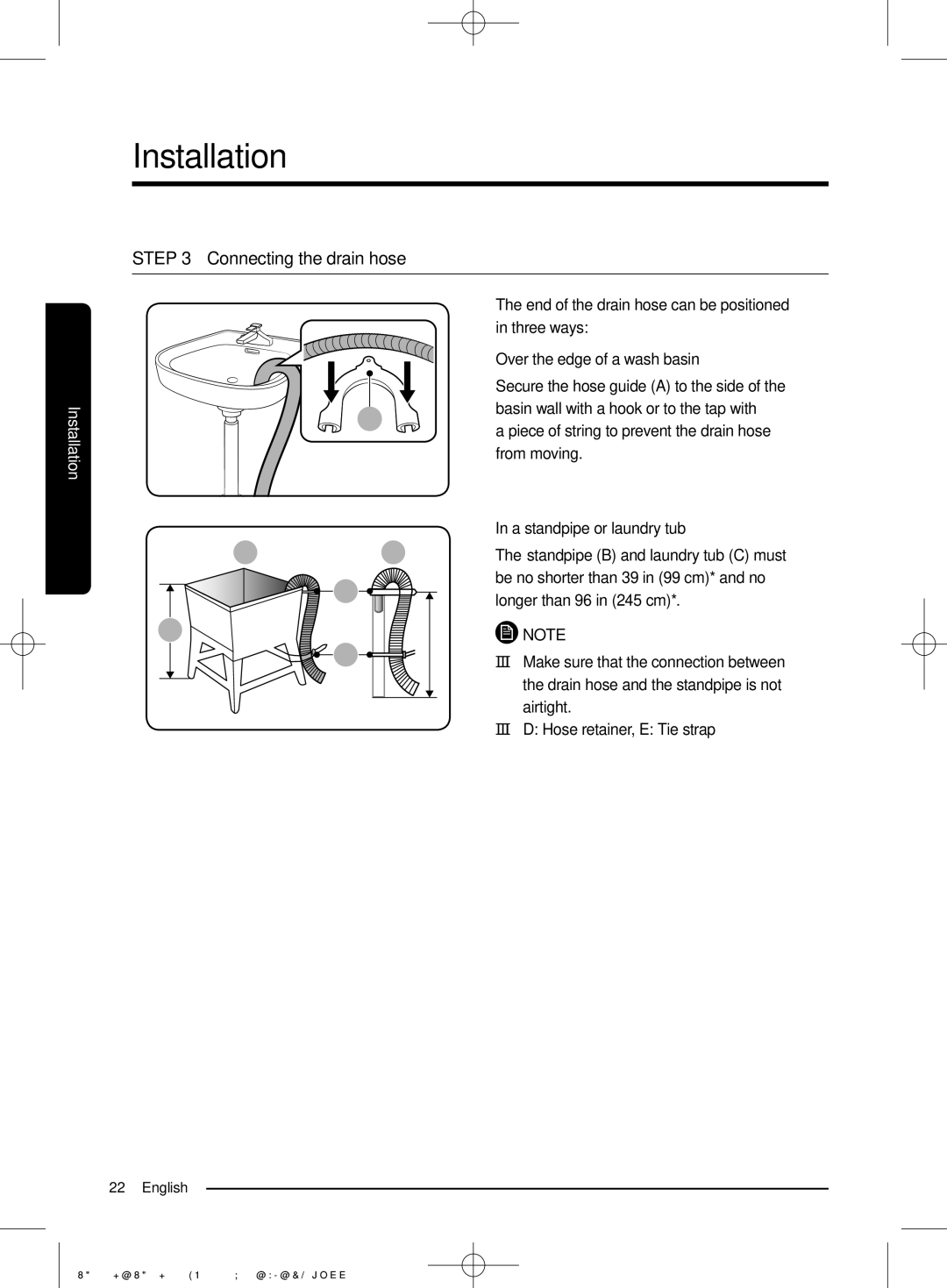 Samsung WA22J8700GP/YL manual Connecting the drain hose 