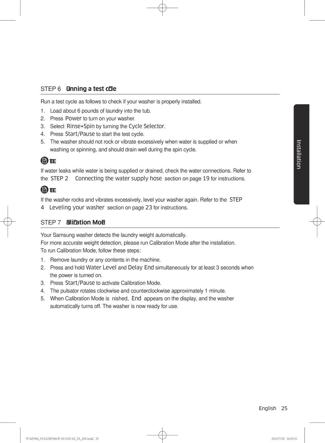 Samsung WA22J8700GP/YL manual Running a test cycle, Calibration Mode 