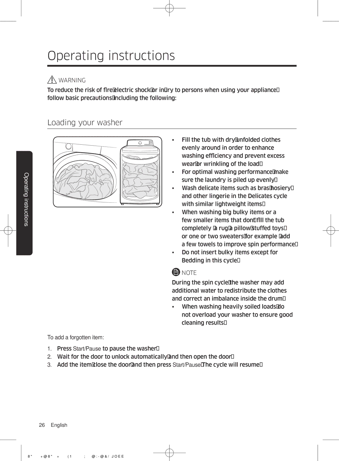 Samsung WA22J8700GP/YL manual Operating instructions, Loading your washer 