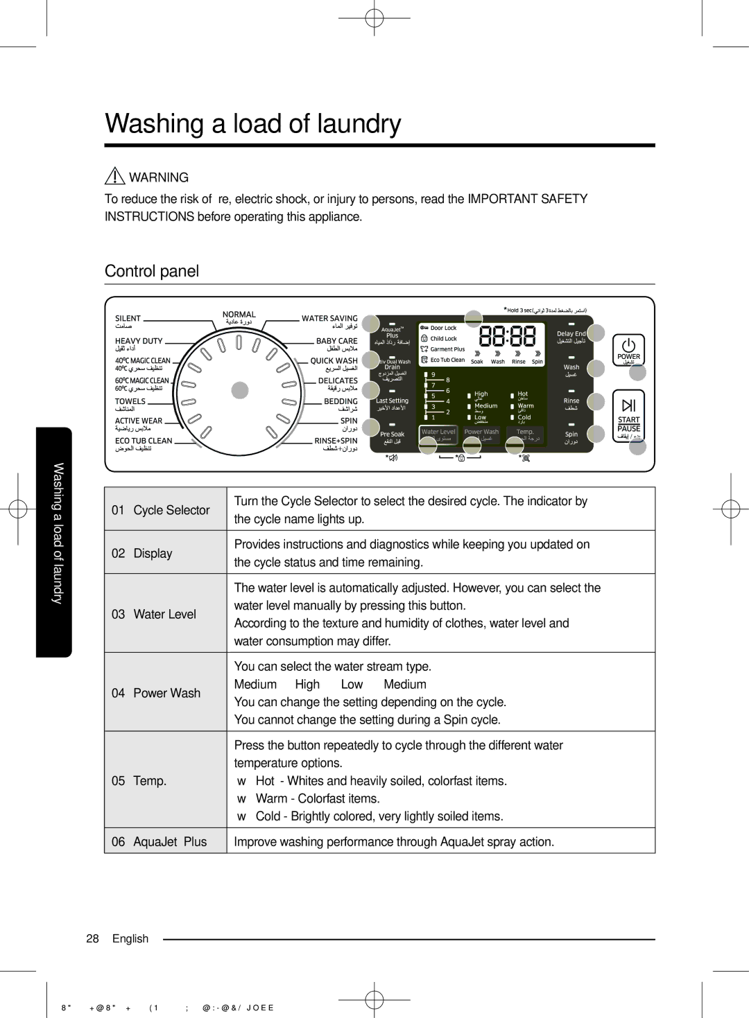 Samsung WA22J8700GP/YL manual Washing a load of laundry, Control panel 