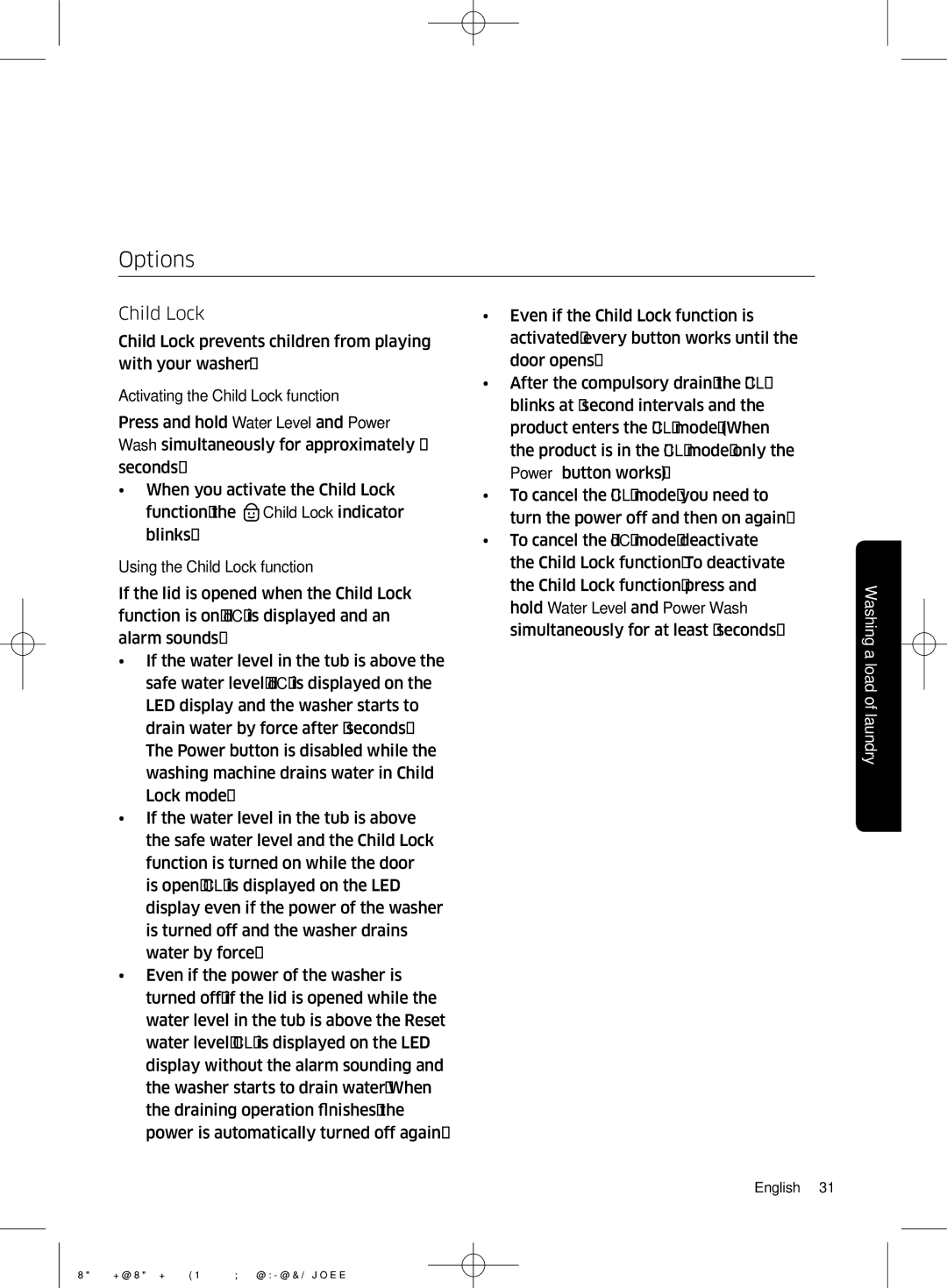 Samsung WA22J8700GP/YL manual Options, Child Lock 