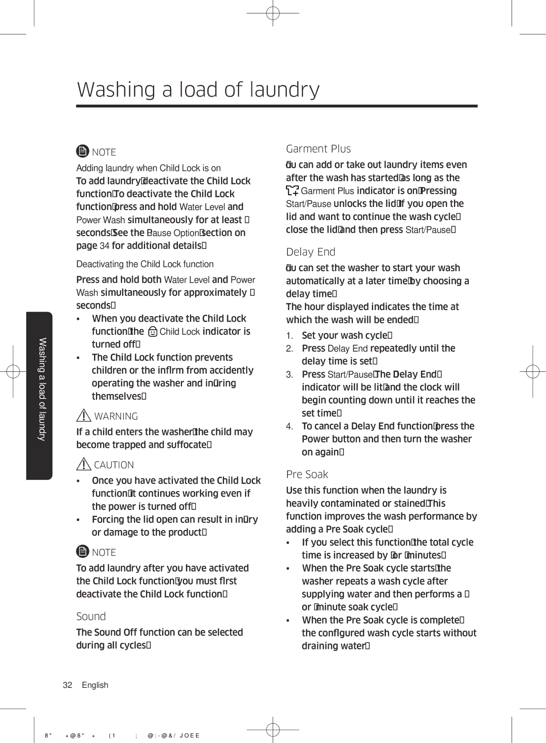 Samsung WA22J8700GP/YL manual Sound, Garment Plus, Delay End, Pre Soak 