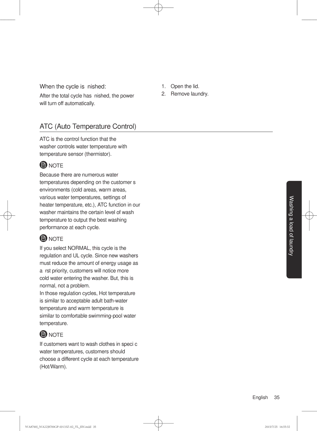 Samsung WA22J8700GP/YL manual ATC Auto Temperature Control, When the cycle is finished 