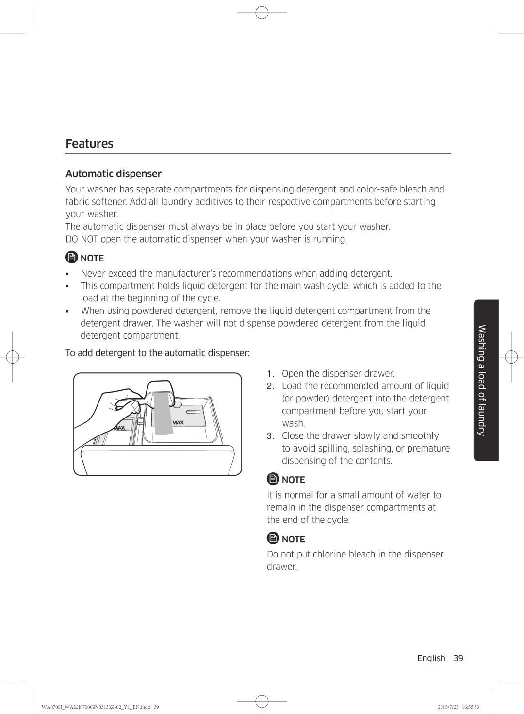 Samsung WA22J8700GP/YL manual Features, Automatic dispenser 