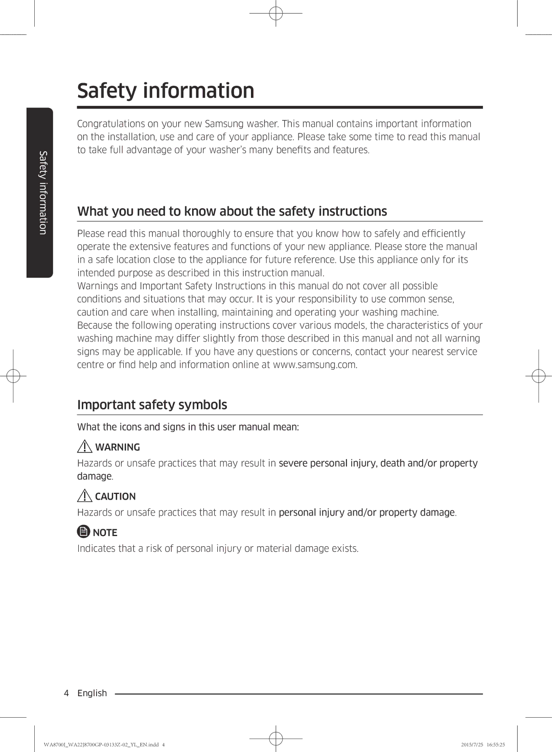 Samsung WA22J8700GP/YL manual Safety information 