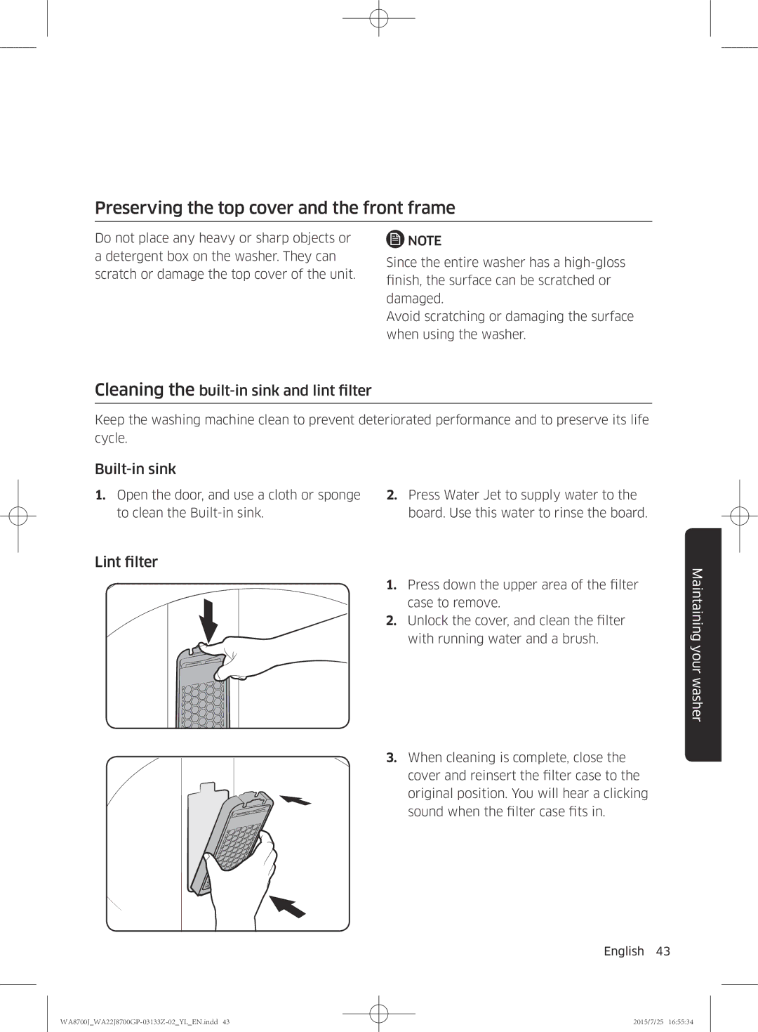 Samsung WA22J8700GP/YL manual Preserving the top cover and the front frame, Cleaning the built-in sink and lint filter 