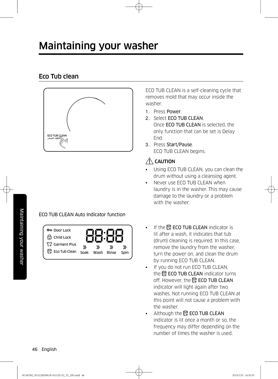 Samsung WA22J8700GP/YL manual Eco Tub clean 