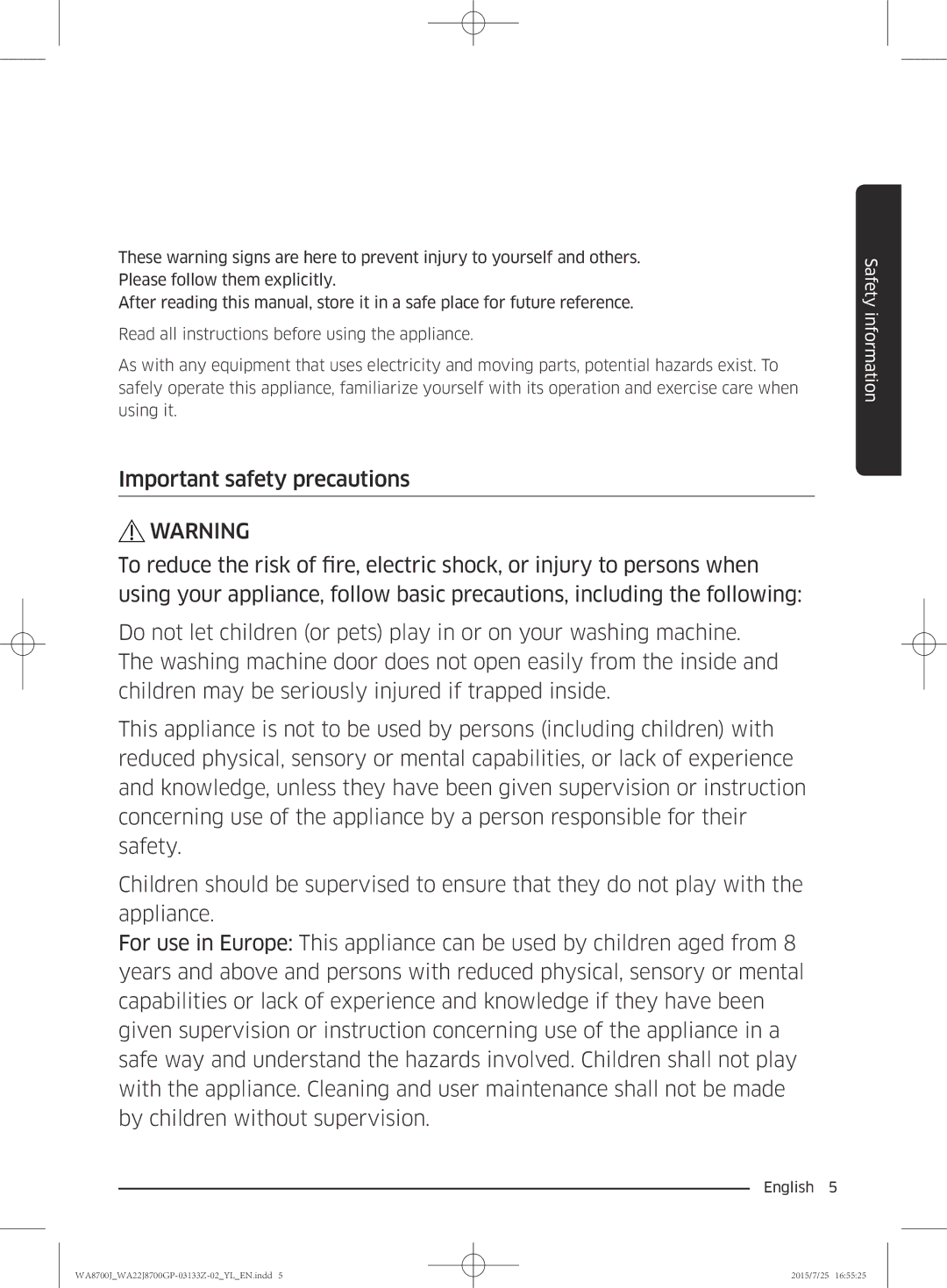 Samsung WA22J8700GP/YL manual Safety information 