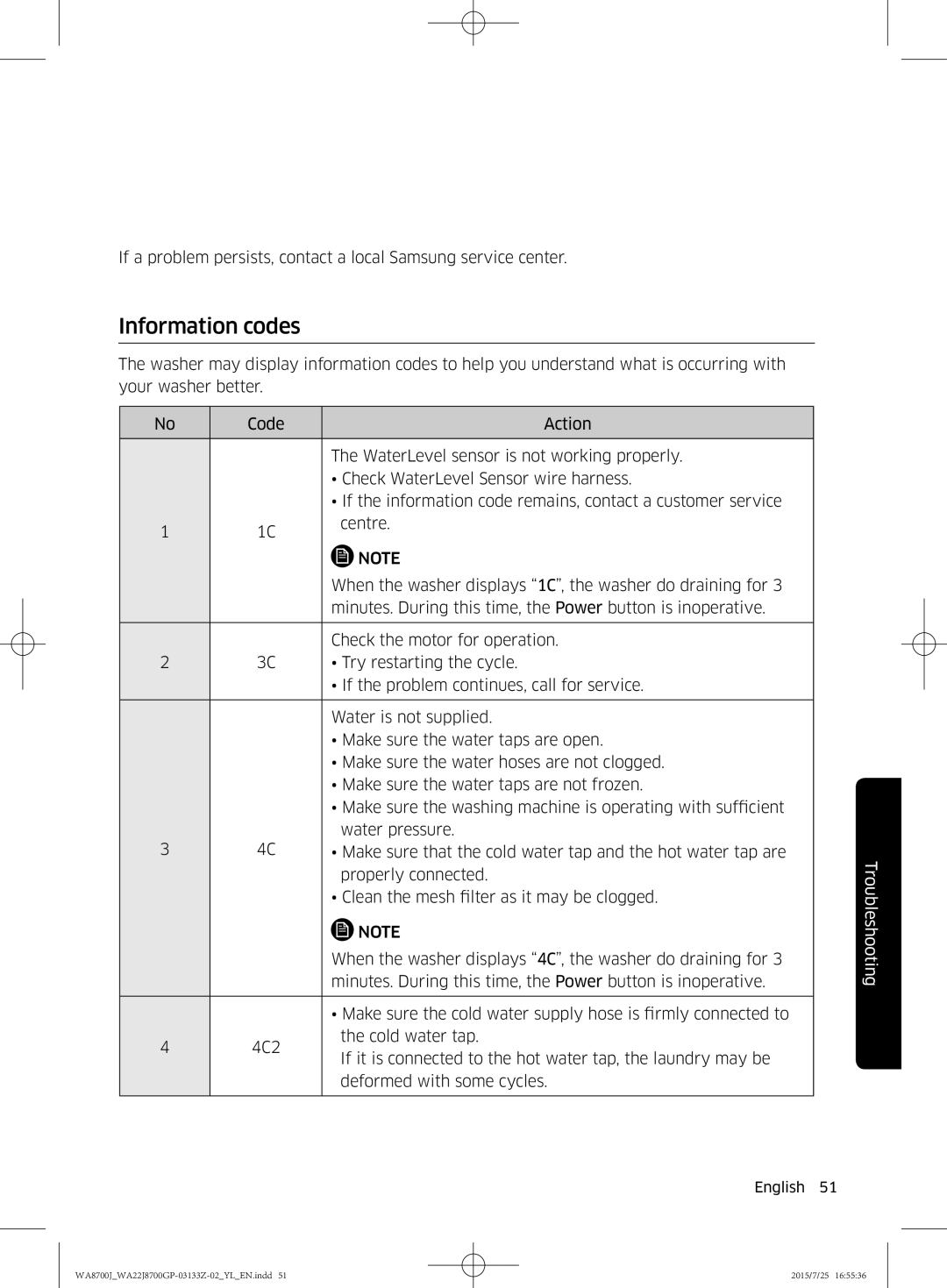 Samsung WA22J8700GP/YL manual Information codes 