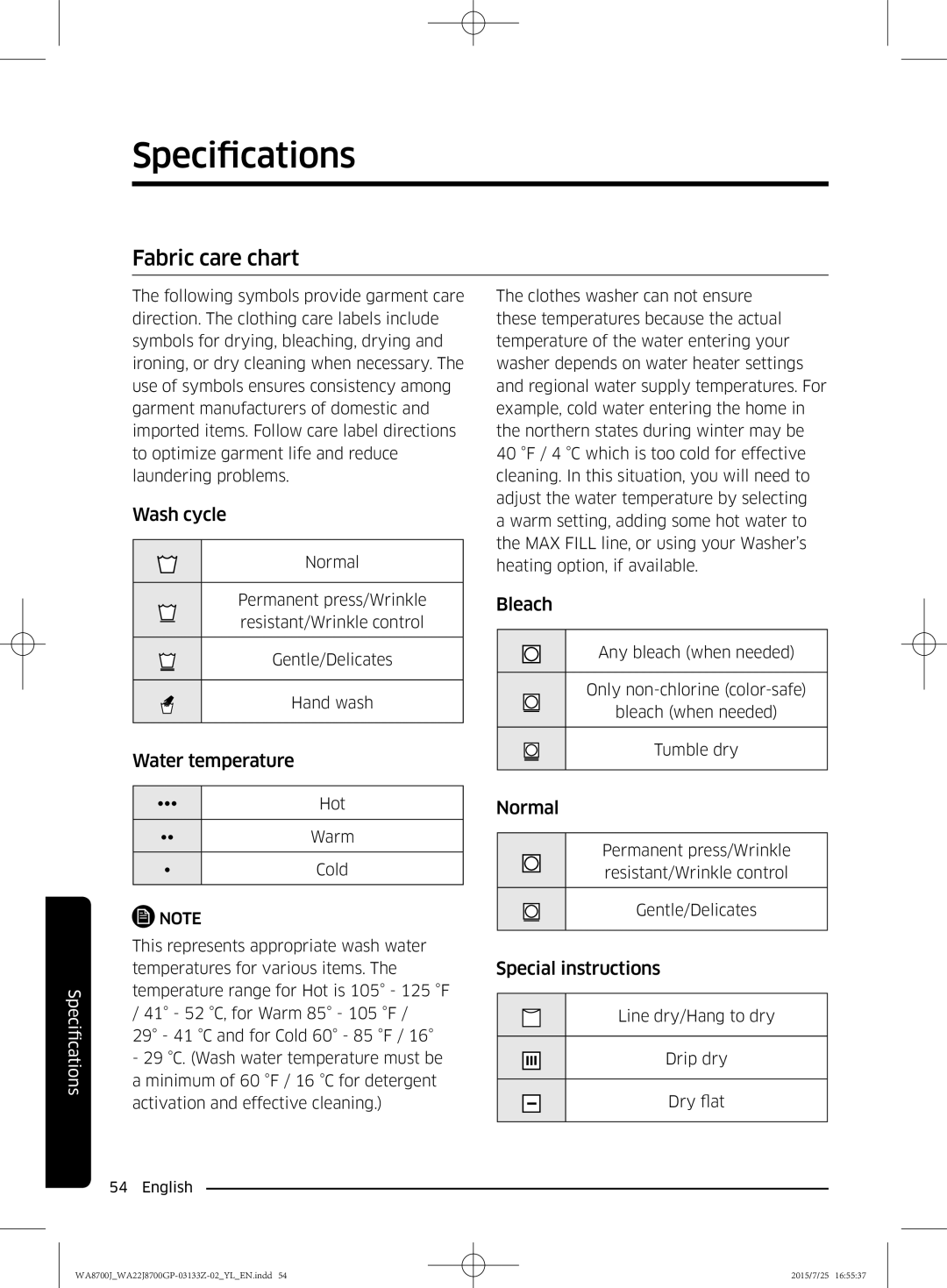 Samsung WA22J8700GP/YL manual Fabric care chart 