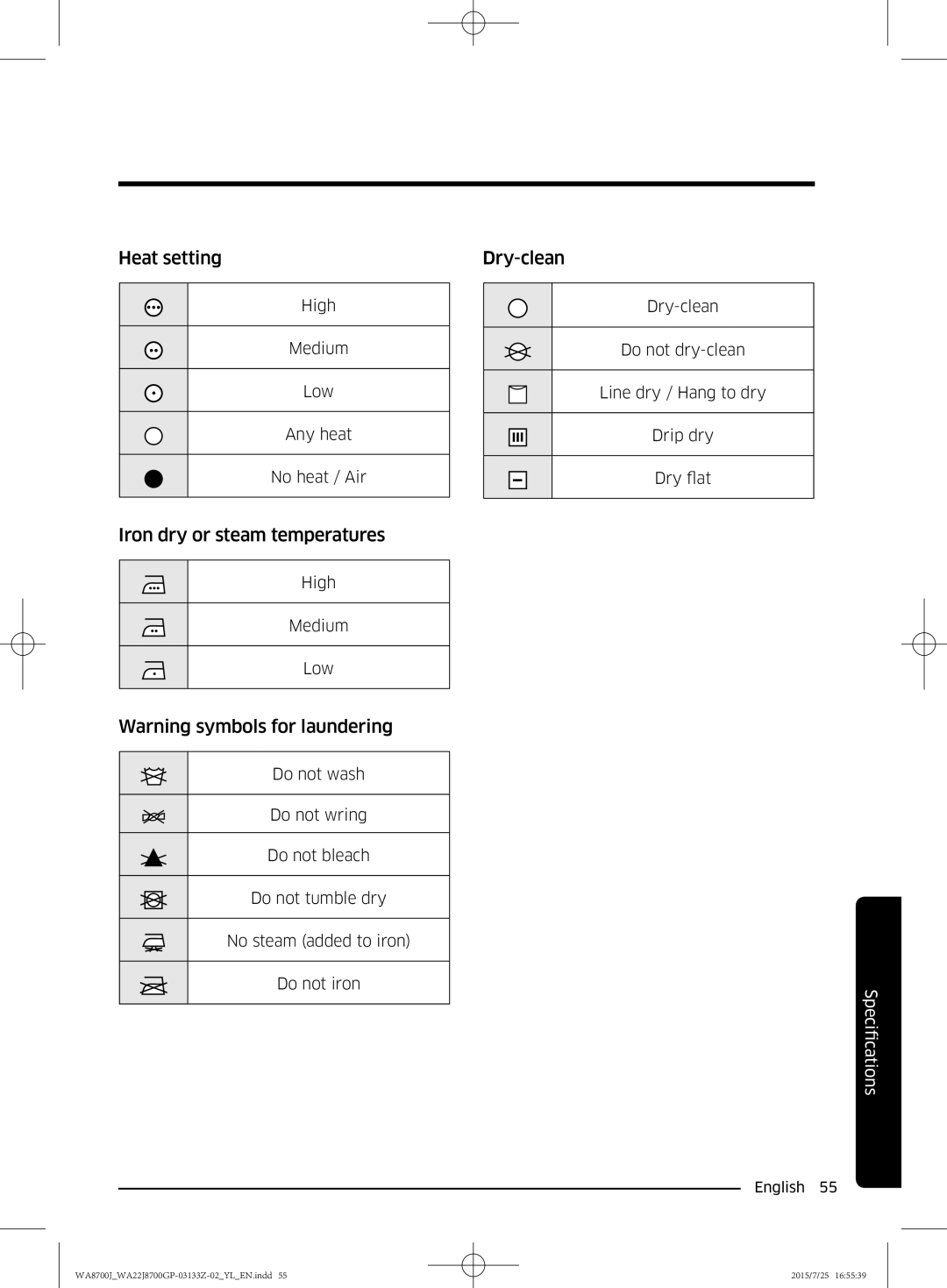 Samsung WA22J8700GP/YL manual Heat setting, Iron dry or steam temperatures, Dry-clean 