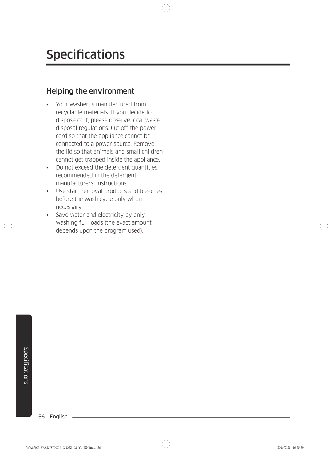 Samsung WA22J8700GP/YL manual Helping the environment 