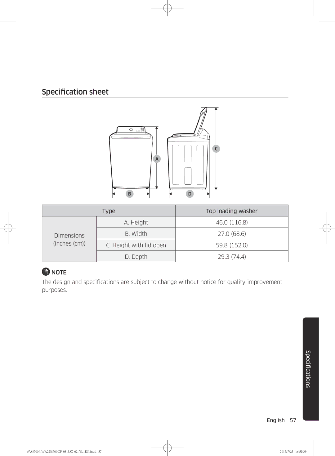 Samsung WA22J8700GP/YL manual Specification sheet 