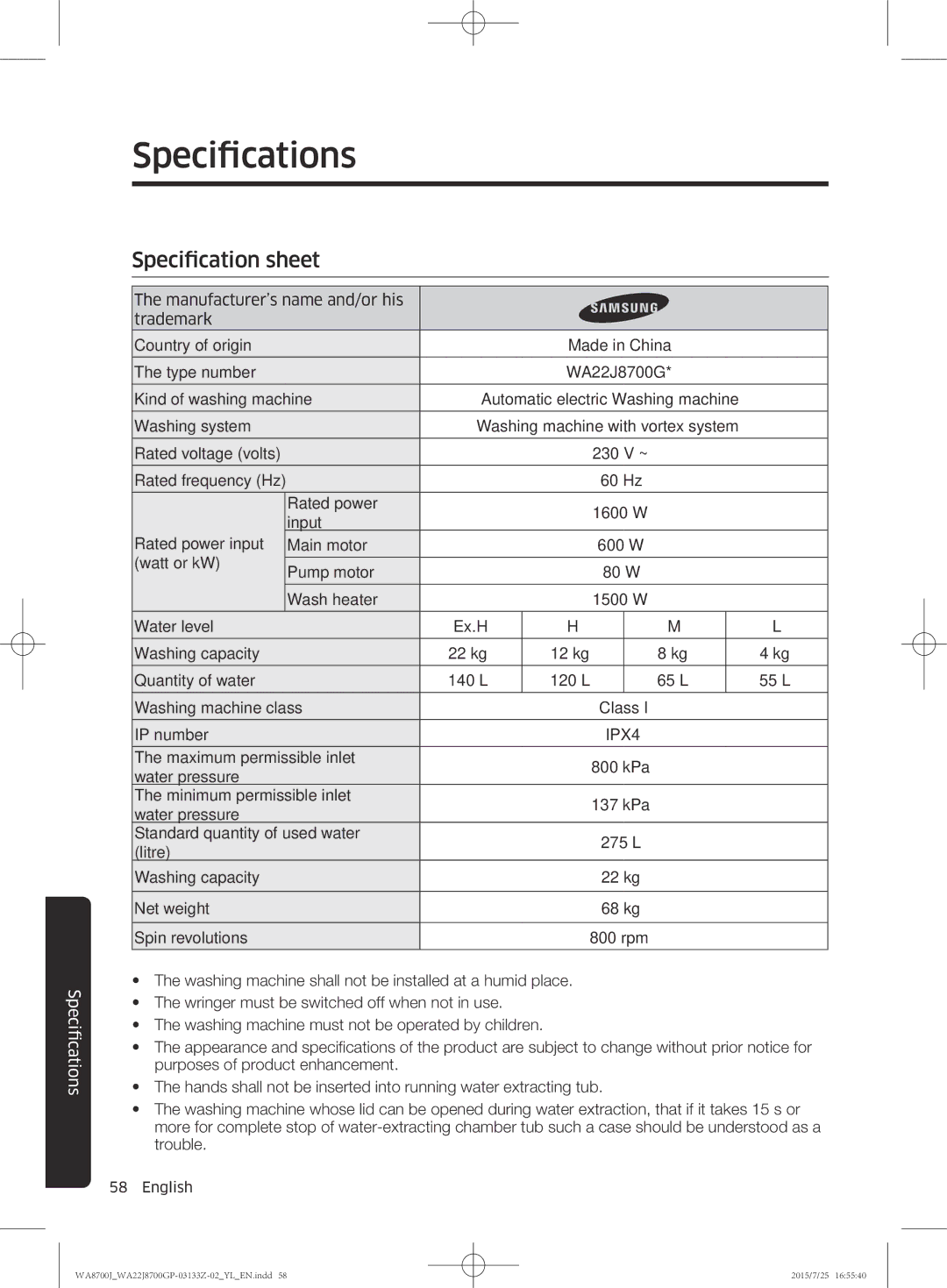 Samsung WA22J8700GP/YL manual FicationsSpeci 