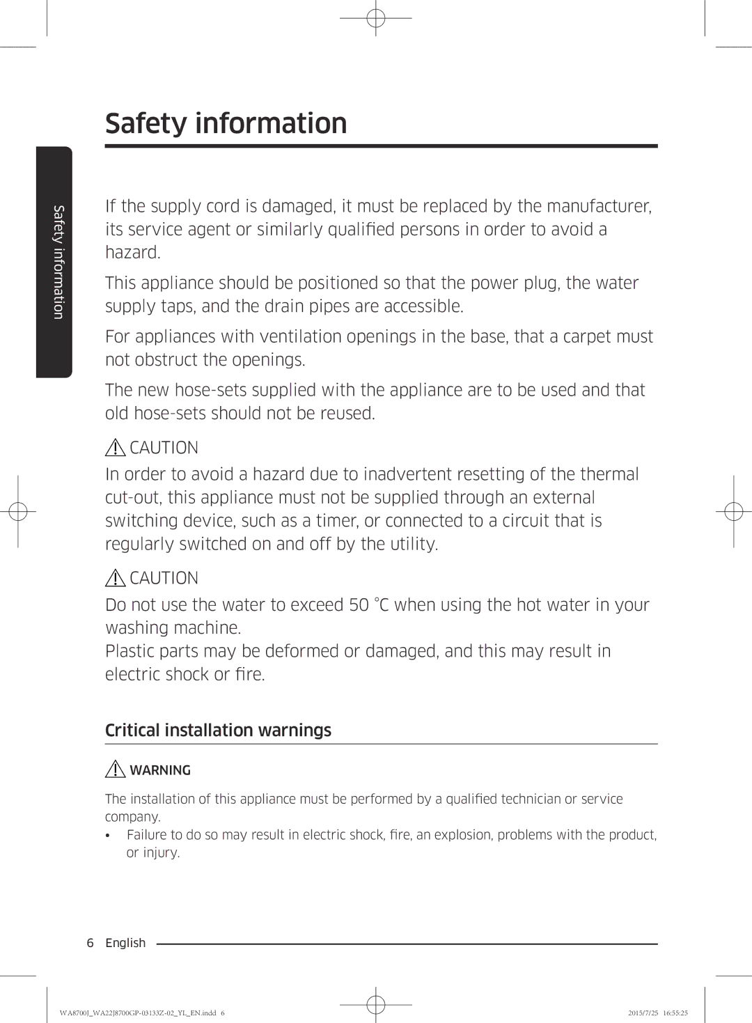 Samsung WA22J8700GP/YL manual Safety information 