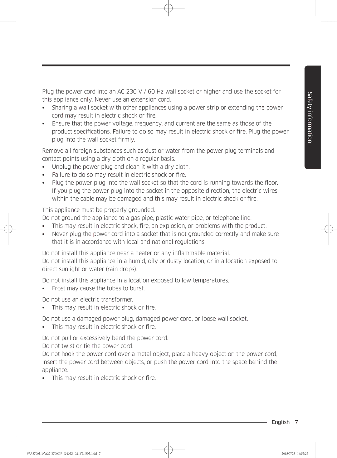 Samsung WA22J8700GP/YL manual Safety information 