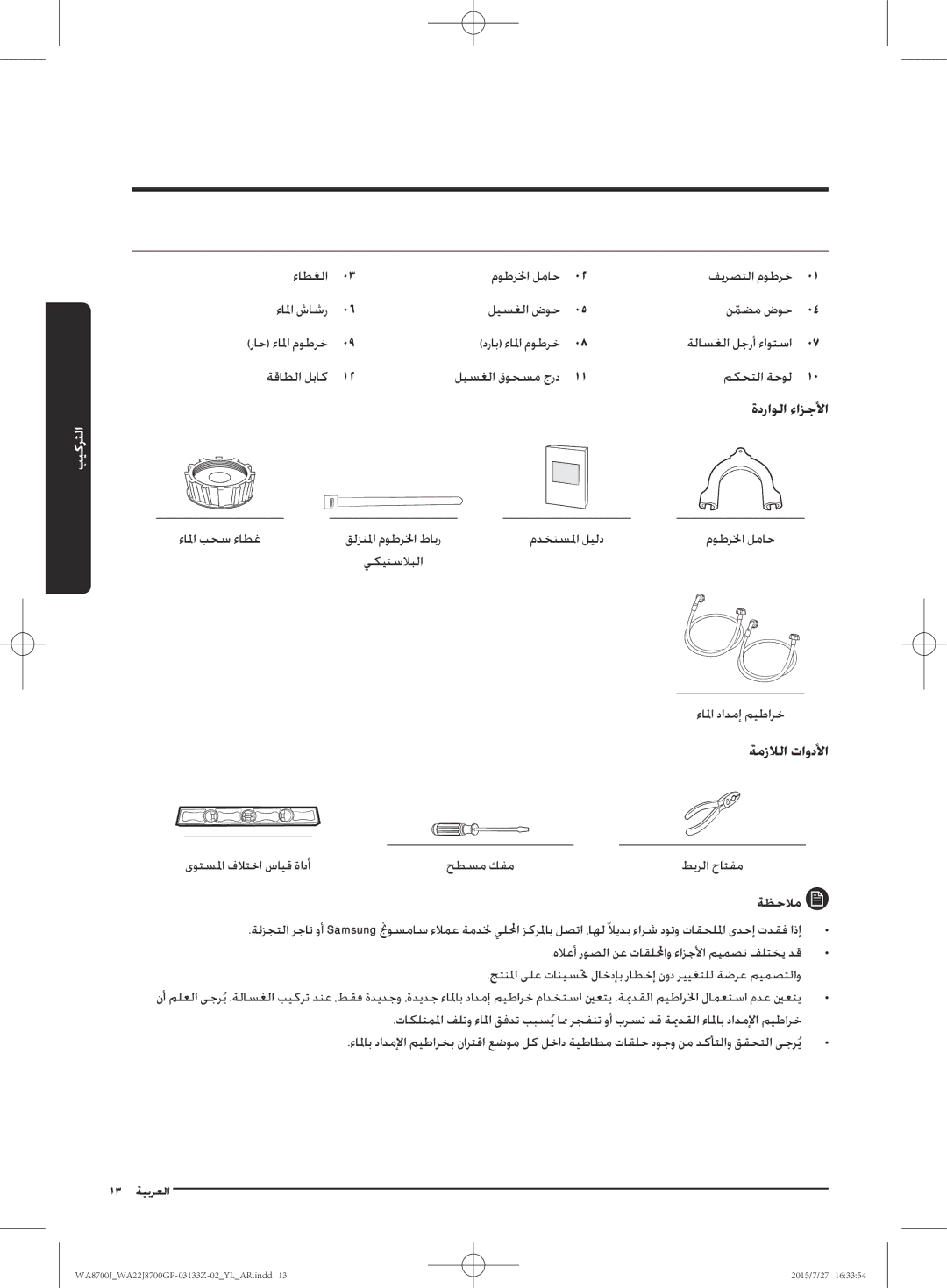 Samsung WA22J8700GP/YL manual ةدراولا ءازجلأا, ةمزلالا تاودلأا 