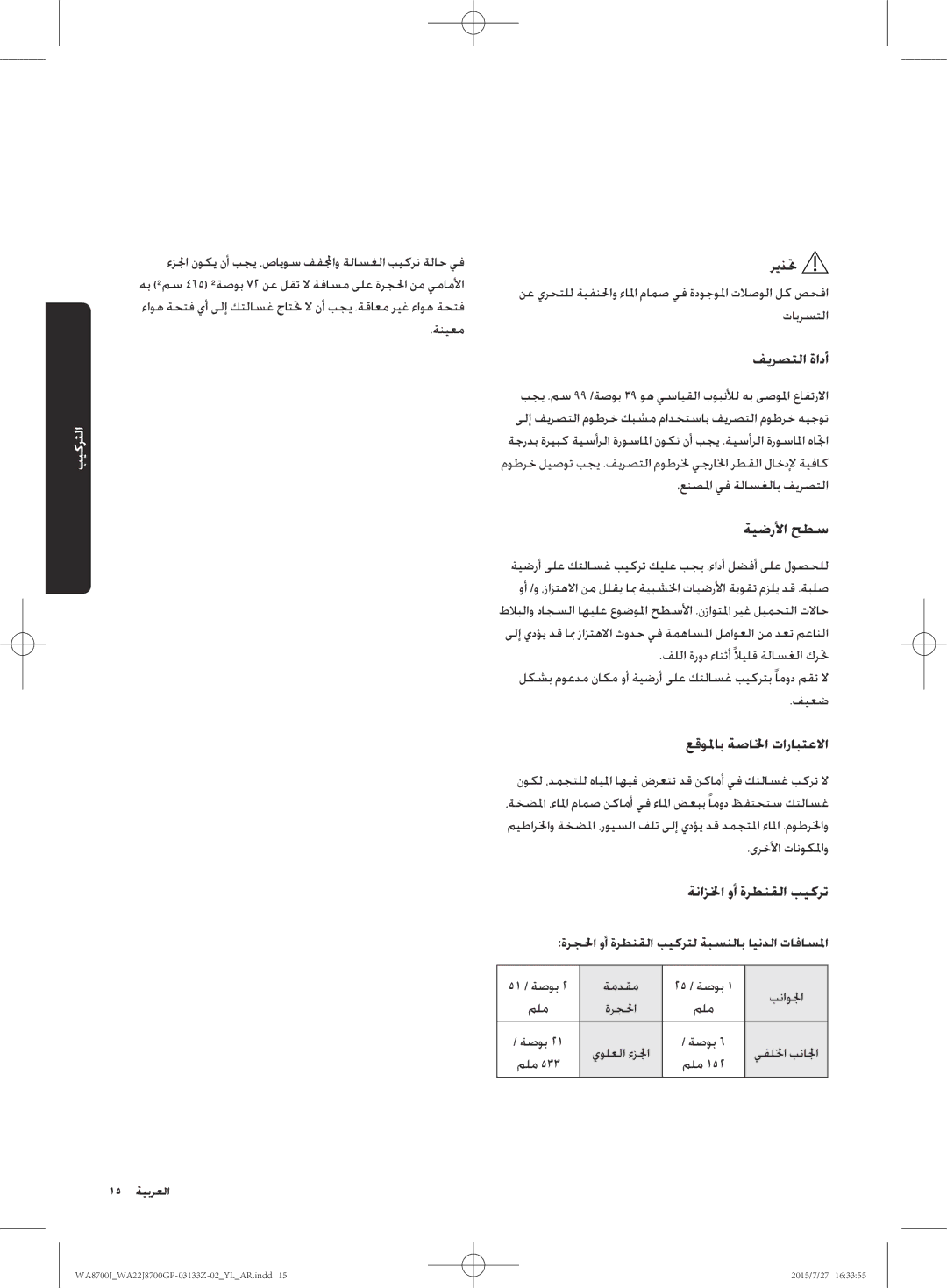 Samsung WA22J8700GP/YL manual فيرصتلا ةادأ, ةيضرلأا حطس, عقولماب ةصالخا تارابتعلاا, ةنازلخا وأ ةرطنقلا بيكرت 