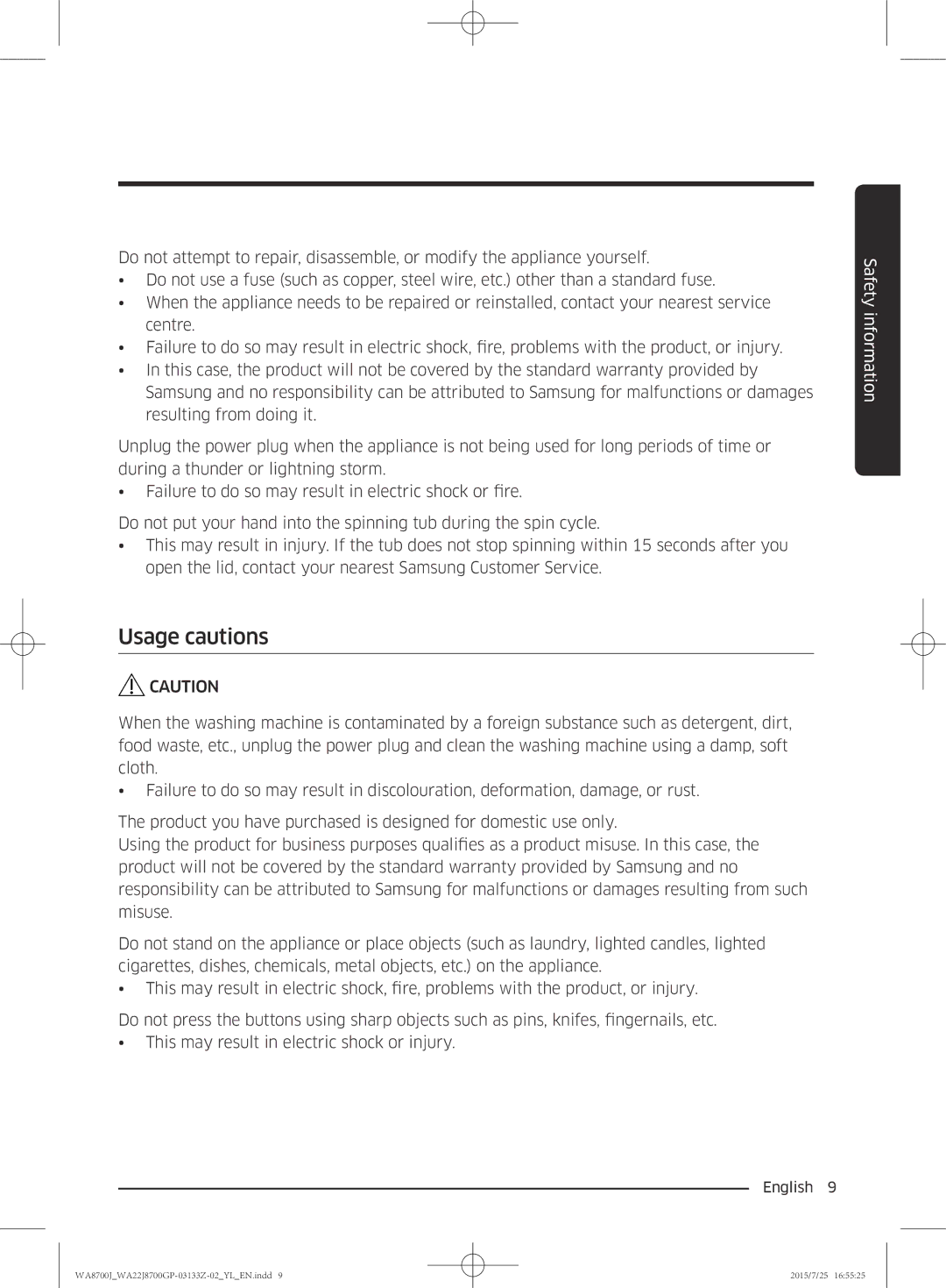 Samsung WA22J8700GP/YL manual Usage cautions 