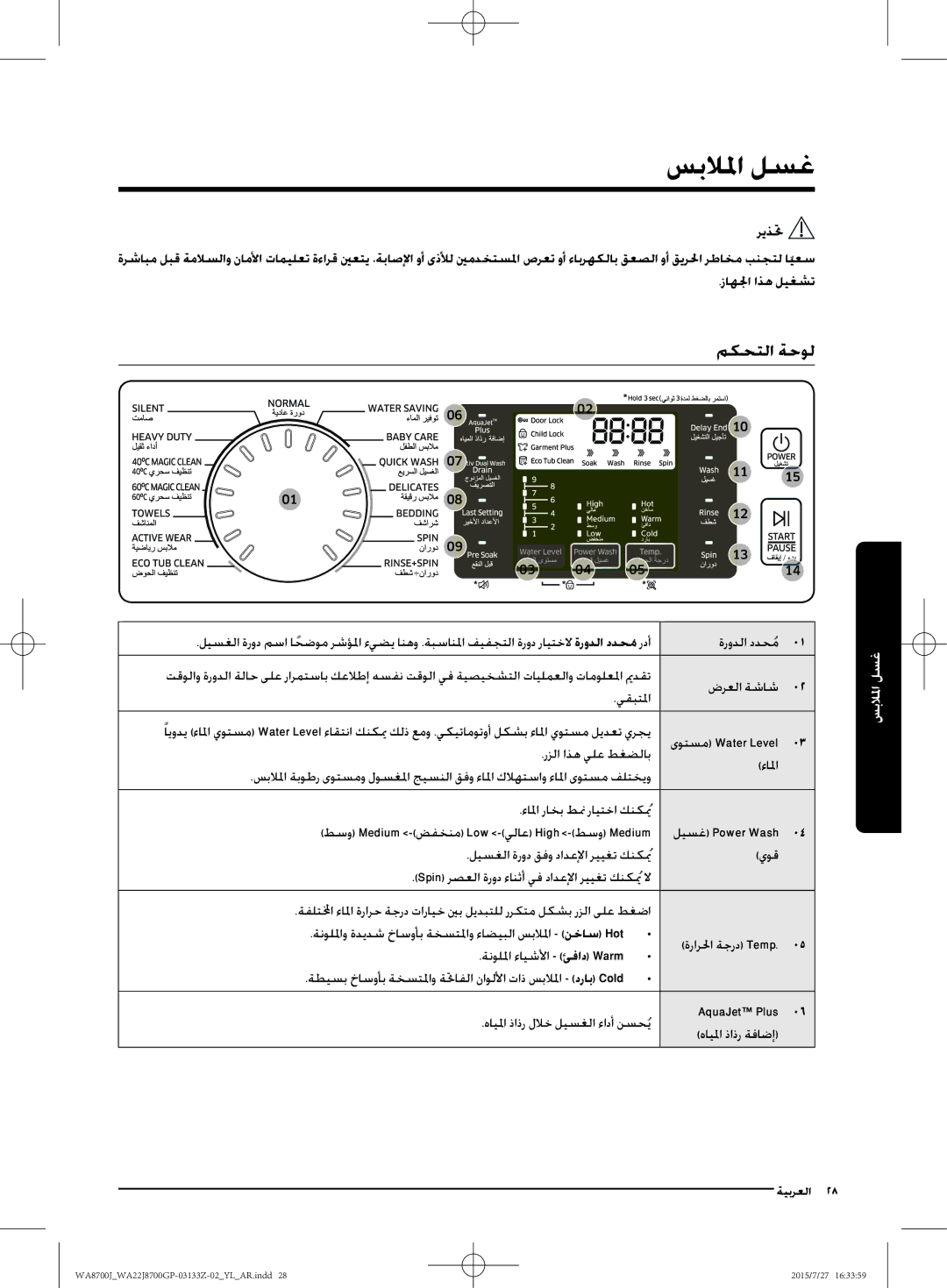 Samsung WA22J8700GP/YL manual سبلالما لسغ, مكحتلا ةحول 