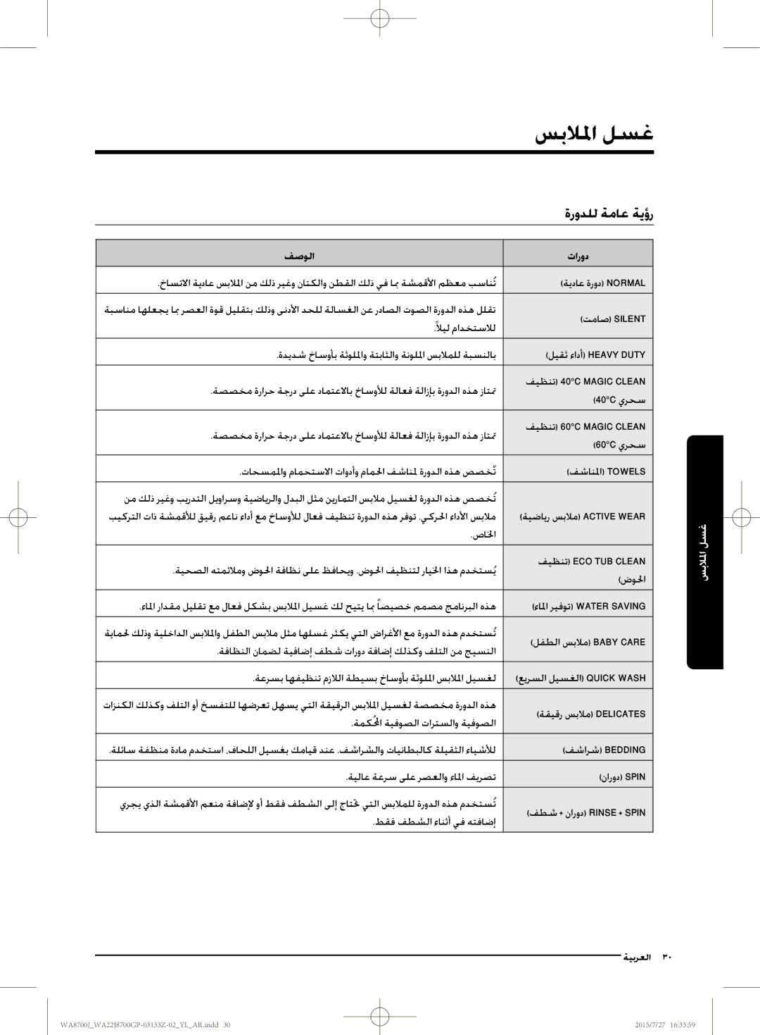 Samsung WA22J8700GP/YL manual غسل لمالملا, فصولا تارود 