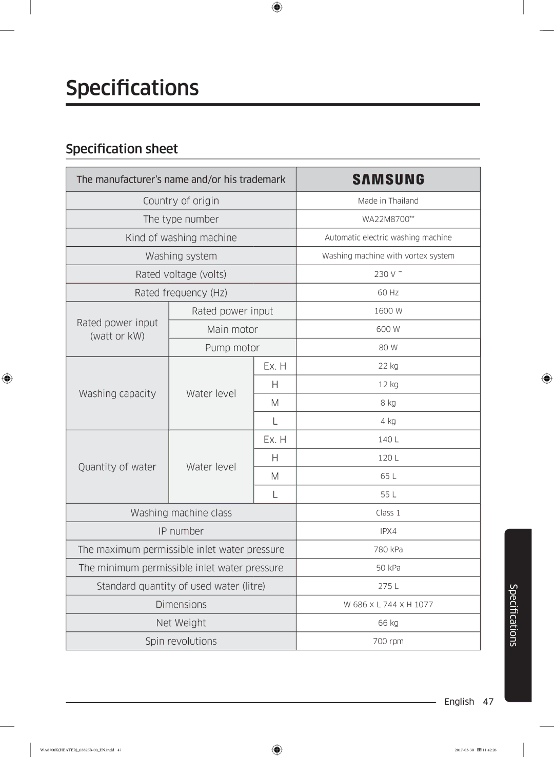 Samsung WA22M8700GV/YL manual Specifications, Specification sheet 