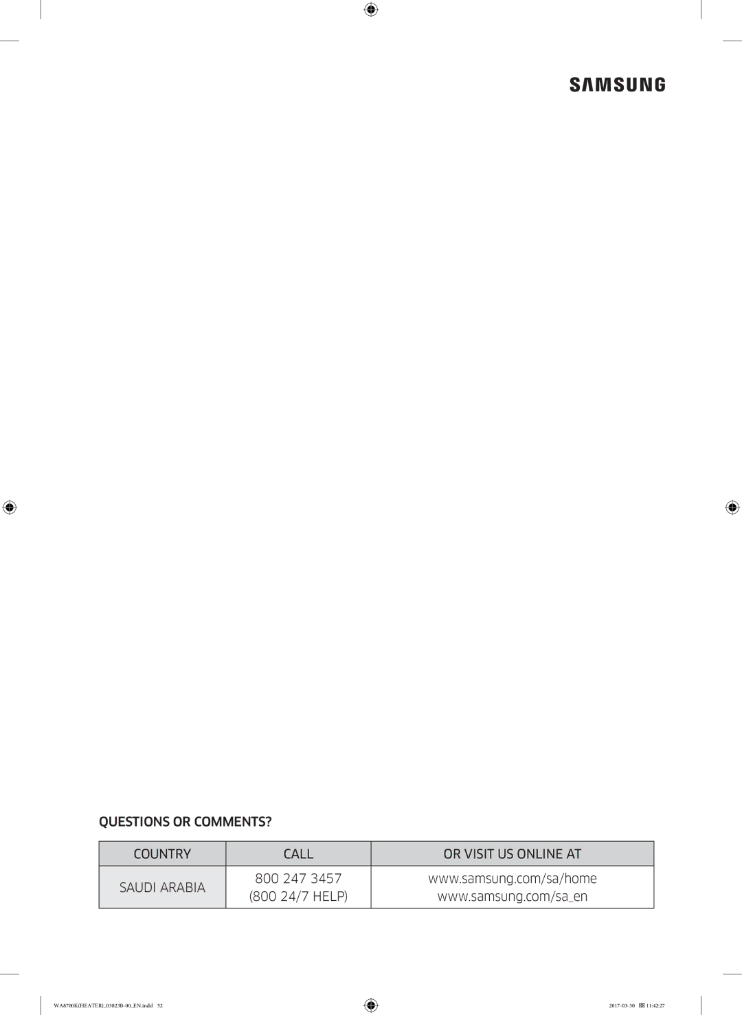 Samsung WA22M8700GV/YL manual Questions or COMMENTS? Country Call Or Visit US Online AT 