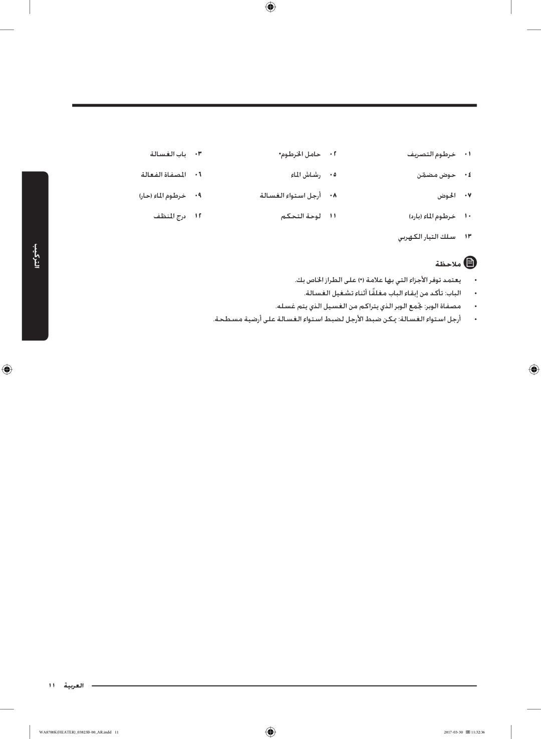 Samsung WA22M8700GV/YL manual ةلاسغلا باب0 موطرلخا لماح0 فيرصتلا موطرخ0, ءالما شاشر0 نمضم ضوح0 