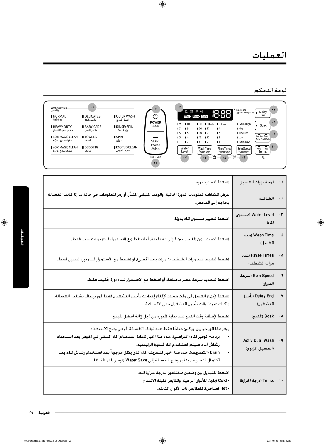 Samsung WA22M8700GV/YL manual تايلمعلا, مكحتلا ةحول 