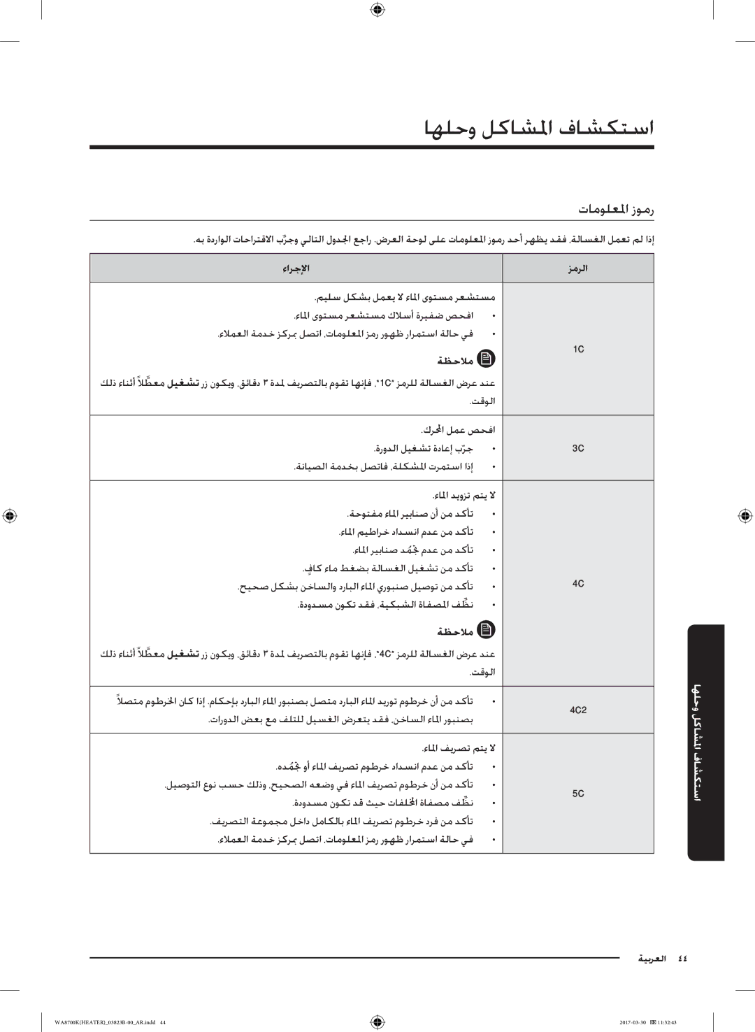 Samsung WA22M8700GV/YL manual تامولعلما زومر, ءارجلإا زمرلا 