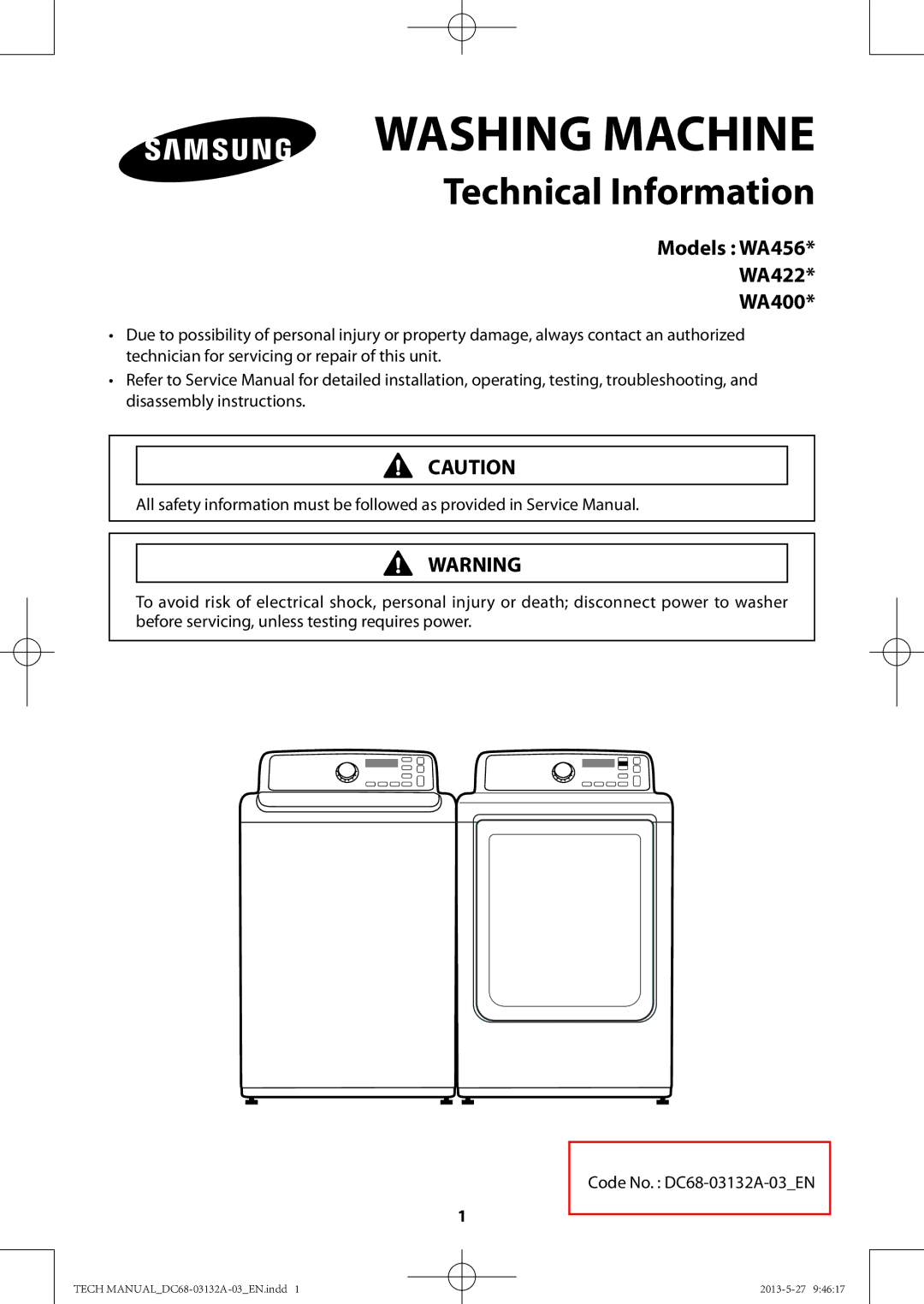 Samsung WA400PJHDWR, WA456DRHDWR manual Washing Machine, Models WA456 WA422 WA400 