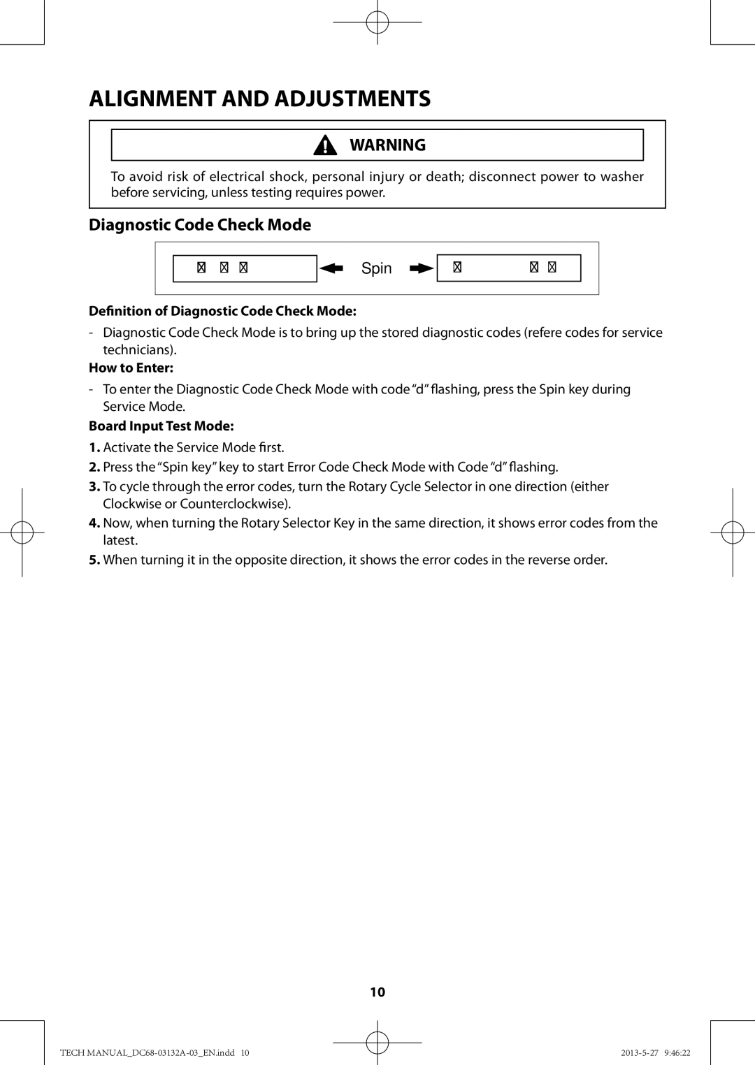 Samsung WA456DRHDWR, WA400PJHDWR manual Definition of Diagnostic Code Check Mode 