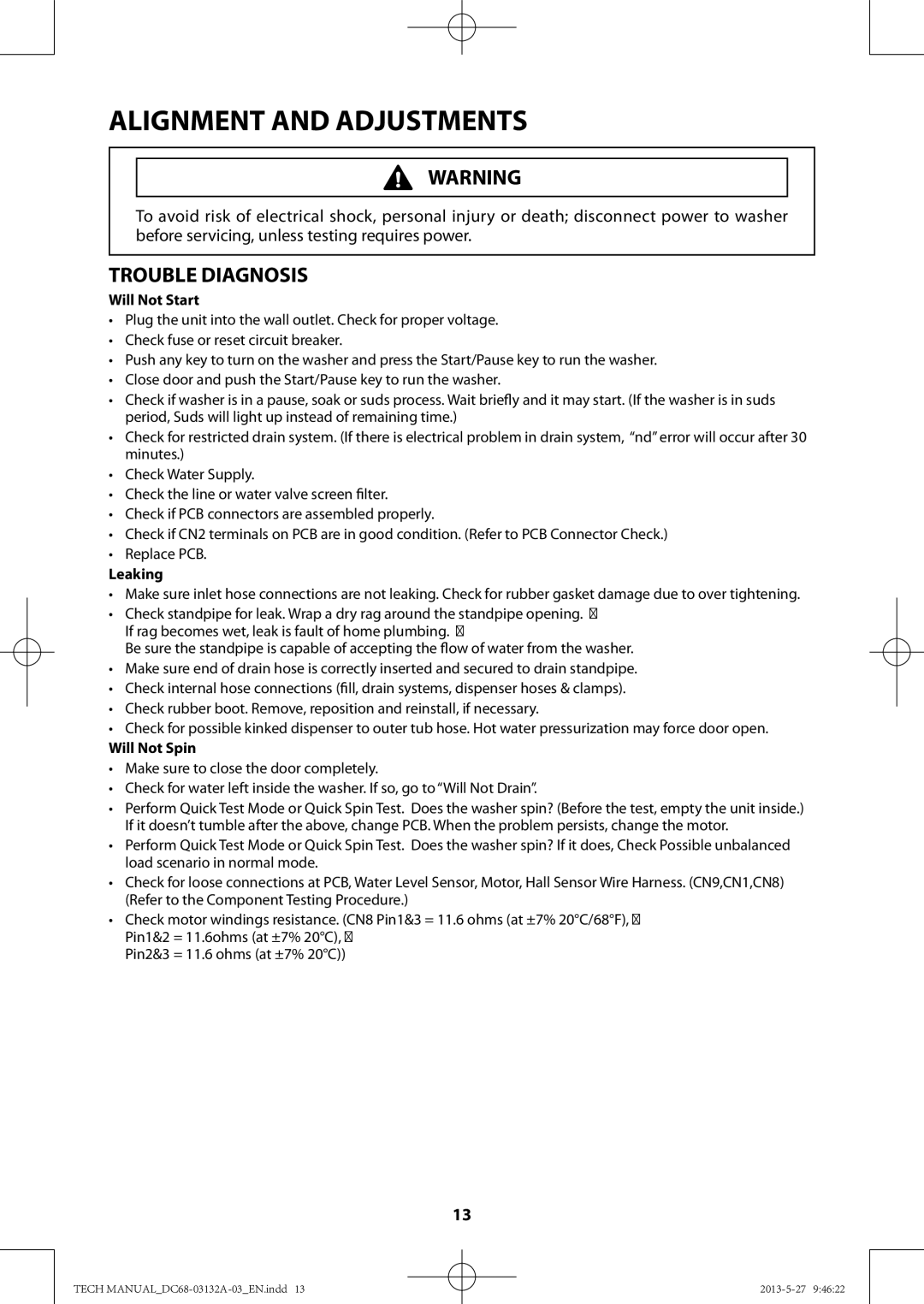 Samsung WA400PJHDWR, WA456DRHDWR manual Trouble Shooting, Will Not Start, Leaking, Will Not Spin 