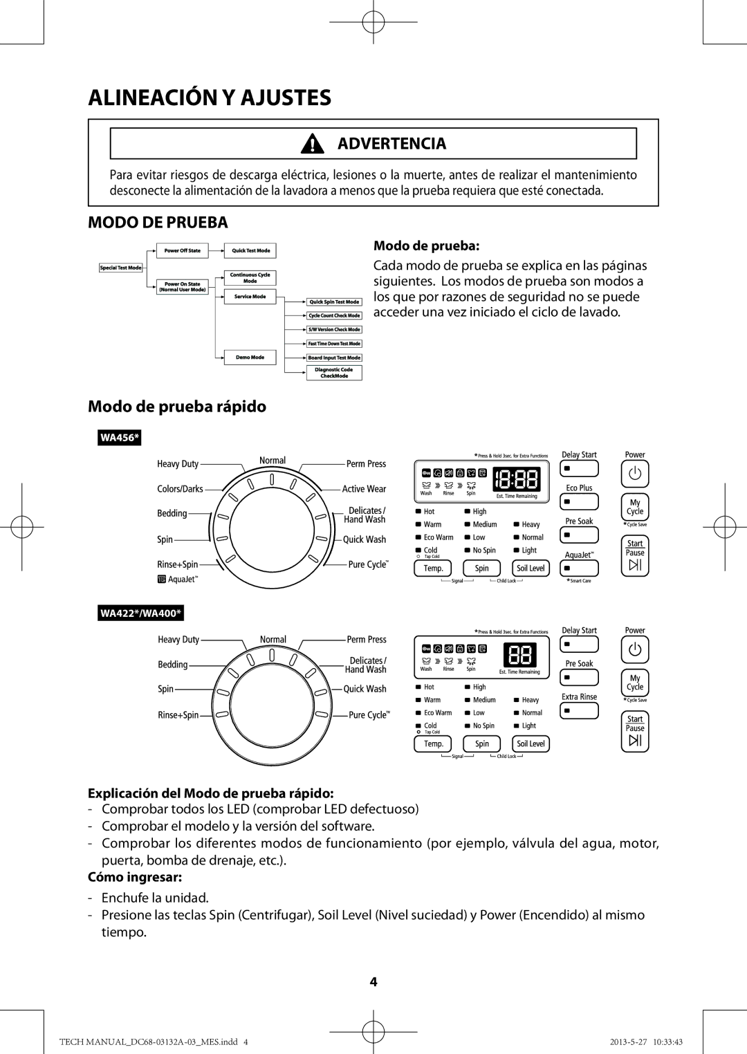 Samsung WA456DRHDWR, WA400PJHDWR manual Modo DE Prueba, Explicación del Modo de prueba rápido, Cómo ingresar 