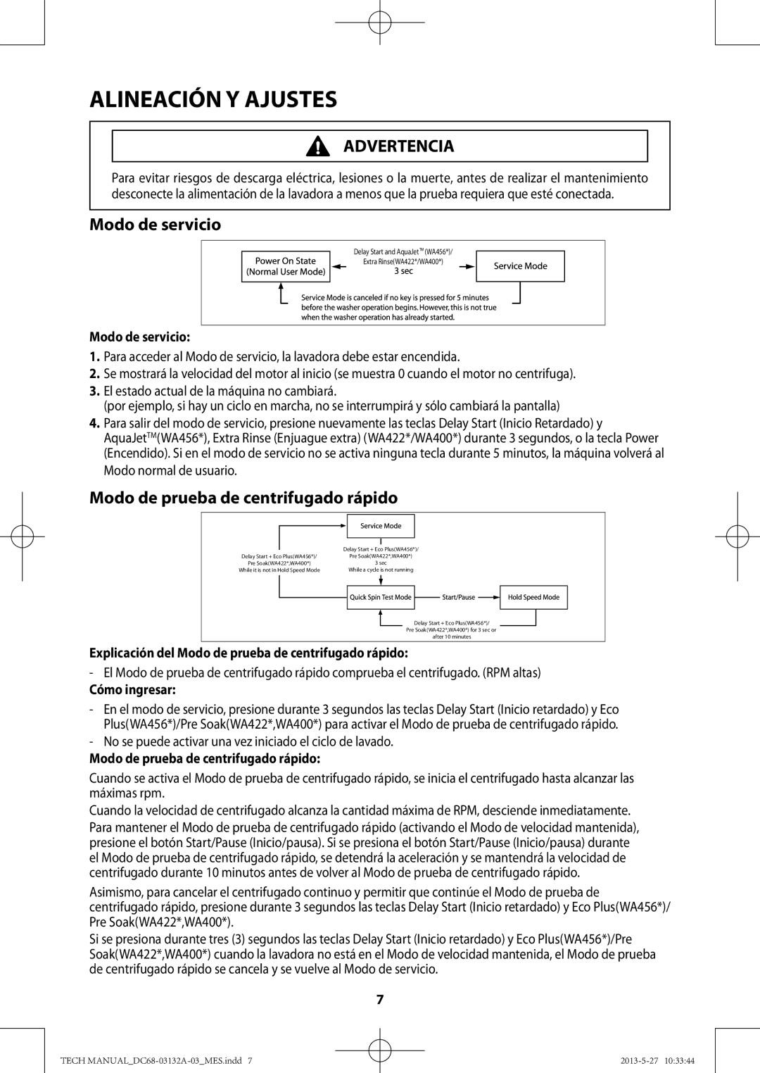 Samsung WA400PJHDWR, WA456DRHDWR manual Modo de prueba de centrifugado rápido, Modo de servicio 