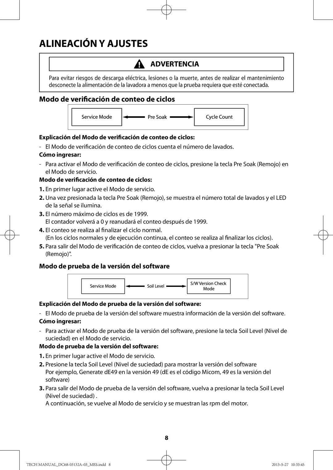 Samsung WA456DRHDWR, WA400PJHDWR manual Explicación del Modo de verificación de conteo de ciclos 