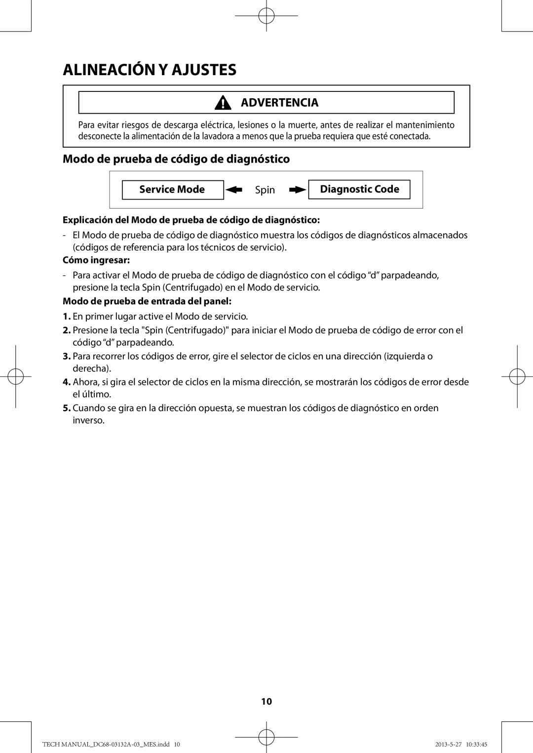 Samsung WA456DRHDWR, WA400PJHDWR manual Explicación del Modo de prueba de código de diagnóstico 