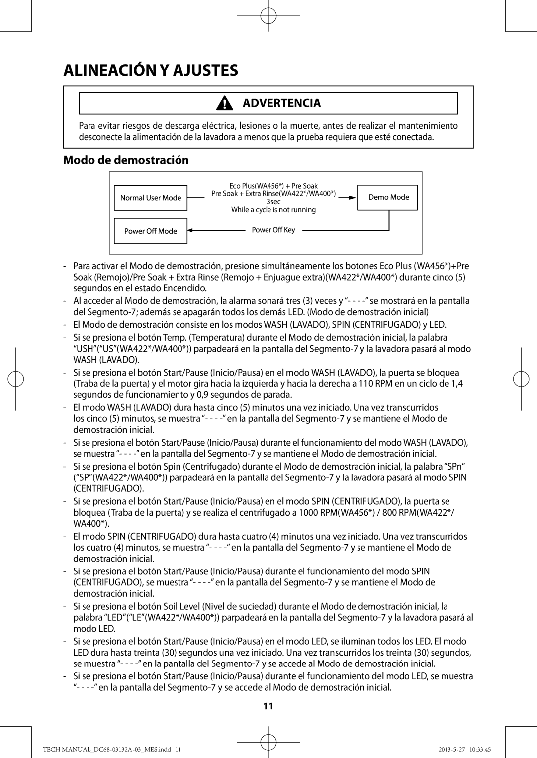 Samsung WA400PJHDWR, WA456DRHDWR manual Modo de demostración 