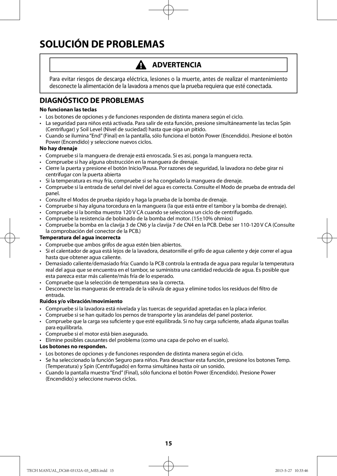 Samsung WA400PJHDWR No funcionan las teclas, No hay drenaje, Temperatura del agua incorrecta, Los botones no responden 