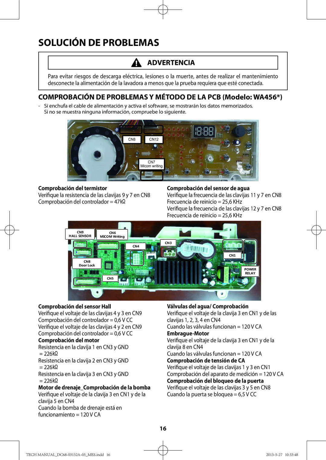 Samsung WA456DRHDWR, WA400PJHDWR manual Comprobación DE Problemas Y Método DE LA PCB Modelo WA456 