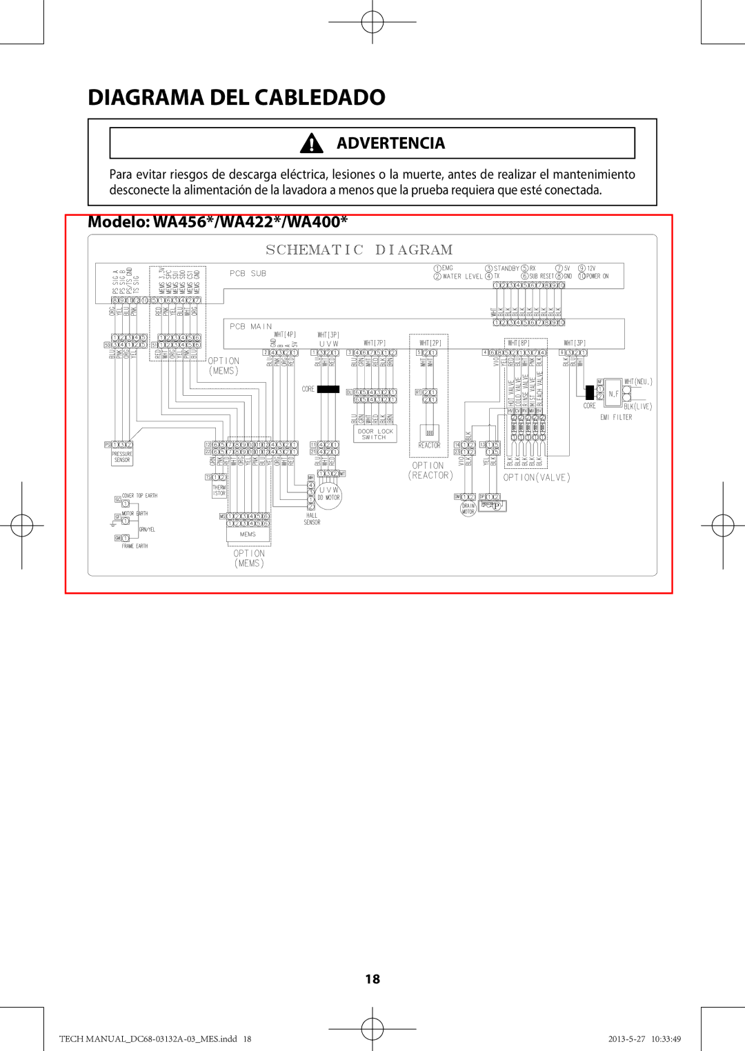 Samsung WA456DRHDWR, WA400PJHDWR manual Diagrama DEL Cabledado, Modelo WA456*/WA422*/WA400 