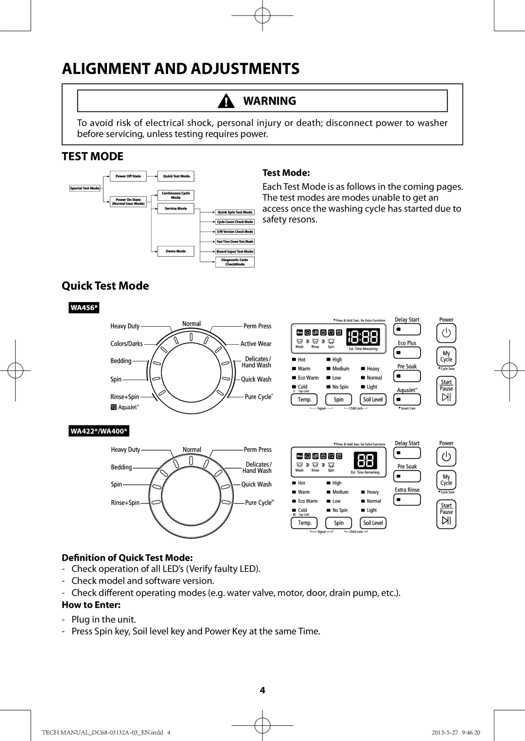 Samsung WA456DRHDWR, WA400PJHDWR manual Definition of Quick Test Mode, How to Enter 