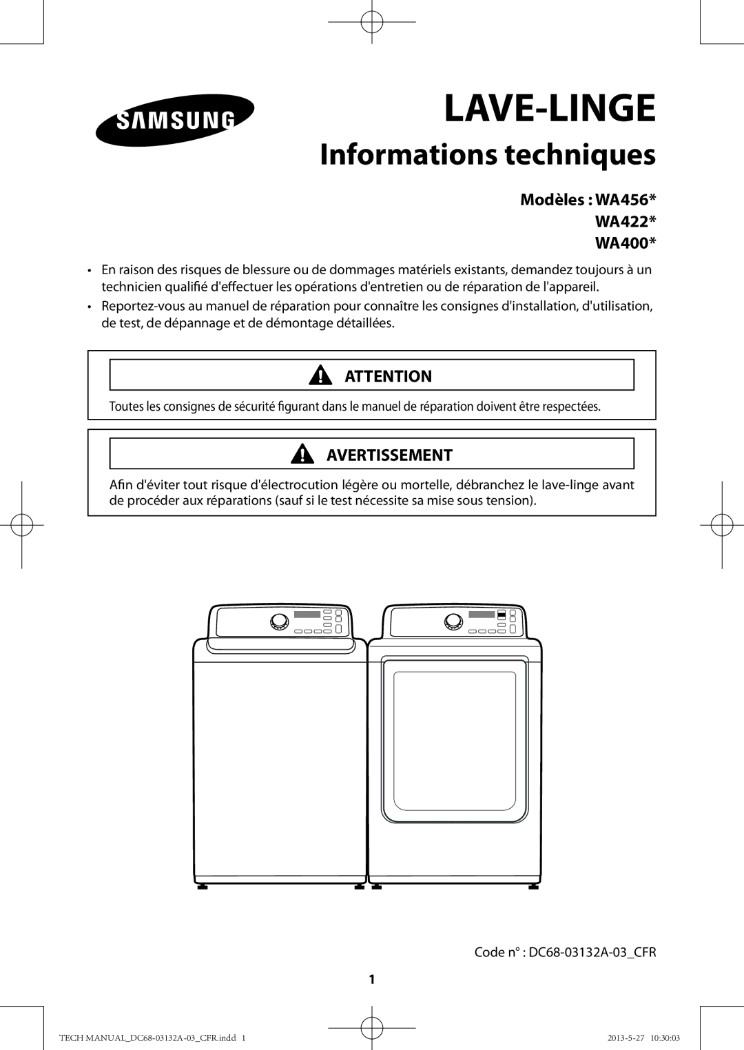 Samsung WA400PJHDWR, WA456DRHDWR manual Modèles WA456 WA422 WA400, Avertissement 