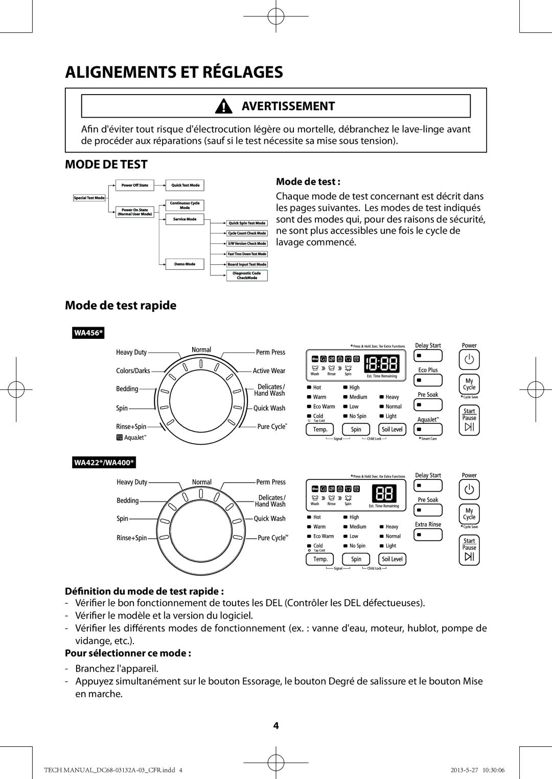 Samsung WA456DRHDWR manual Mode DE Test, Mode de test rapide, Définition du mode de test rapide, Pour sélectionner ce mode 