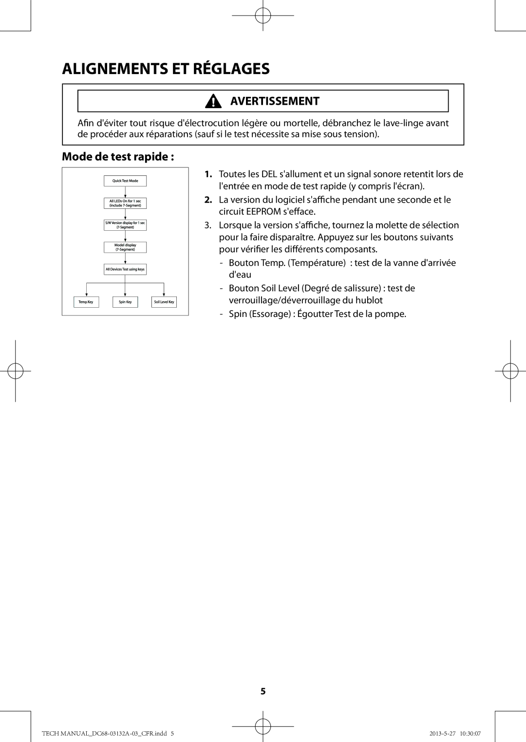 Samsung WA400PJHDWR, WA456DRHDWR manual Bouton Temp. Température test de la vanne darrivée deau 