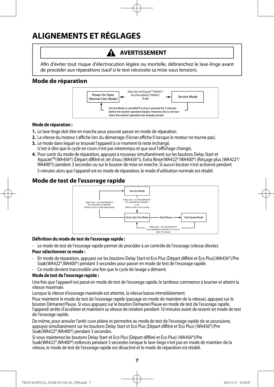 Samsung WA400PJHDWR Mode de test de lessorage rapide, Mode de réparation, Définition du mode de test de lessorage rapide 