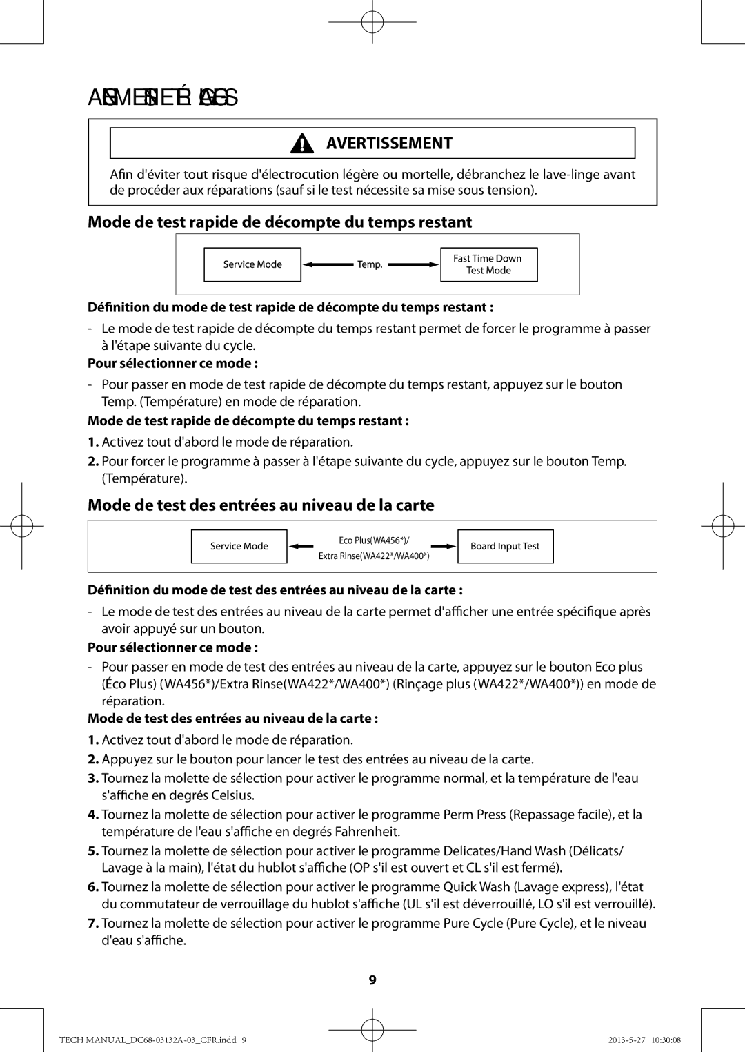 Samsung WA400PJHDWR manual Mode de test rapide de décompte du temps restant, Mode de test des entrées au niveau de la carte 