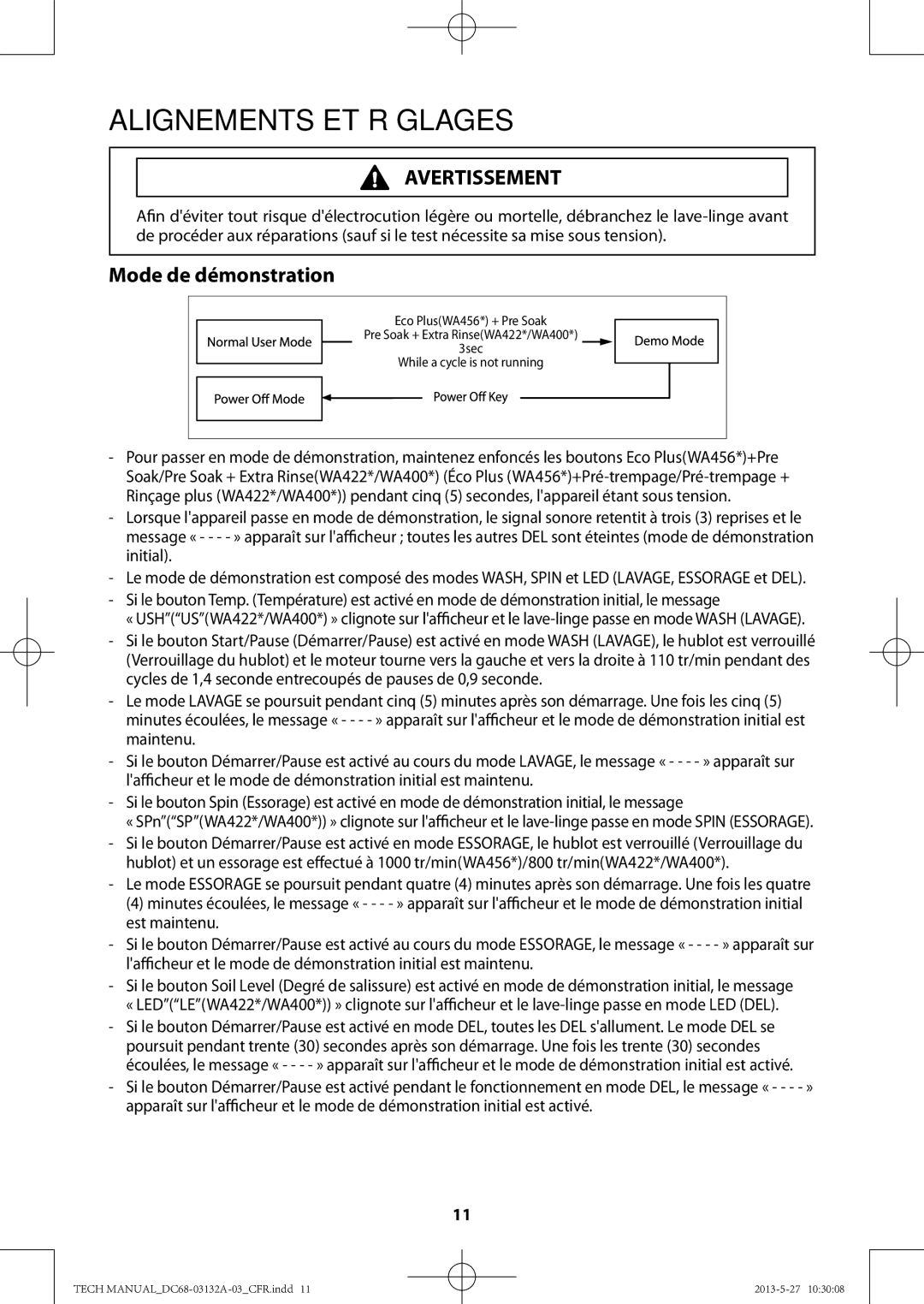 Samsung WA400PJHDWR, WA456DRHDWR manual Mode de démonstration 