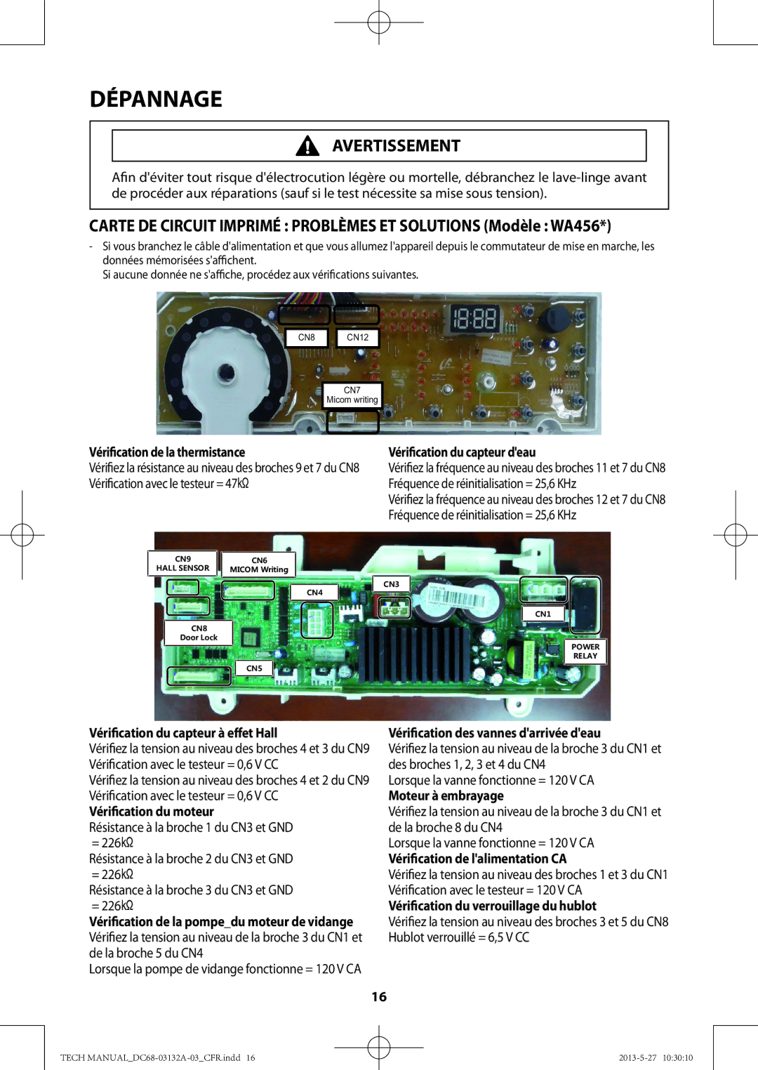 Samsung WA456DRHDWR, WA400PJHDWR manual Vérification de la thermistance, Vérification du capteur deau, Moteur à embrayage 